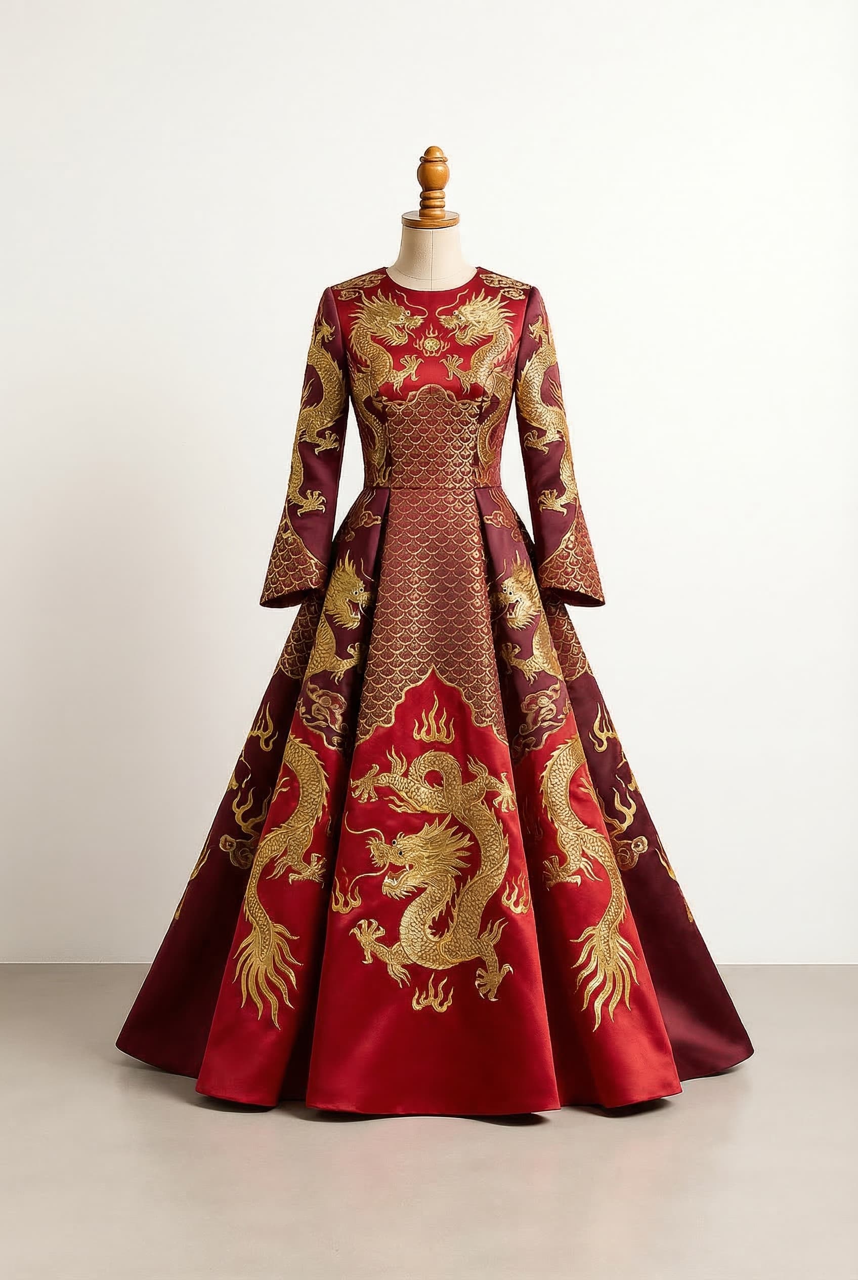 I want a balanced prom dress with a dragon theme, red, maroon, and gold color.