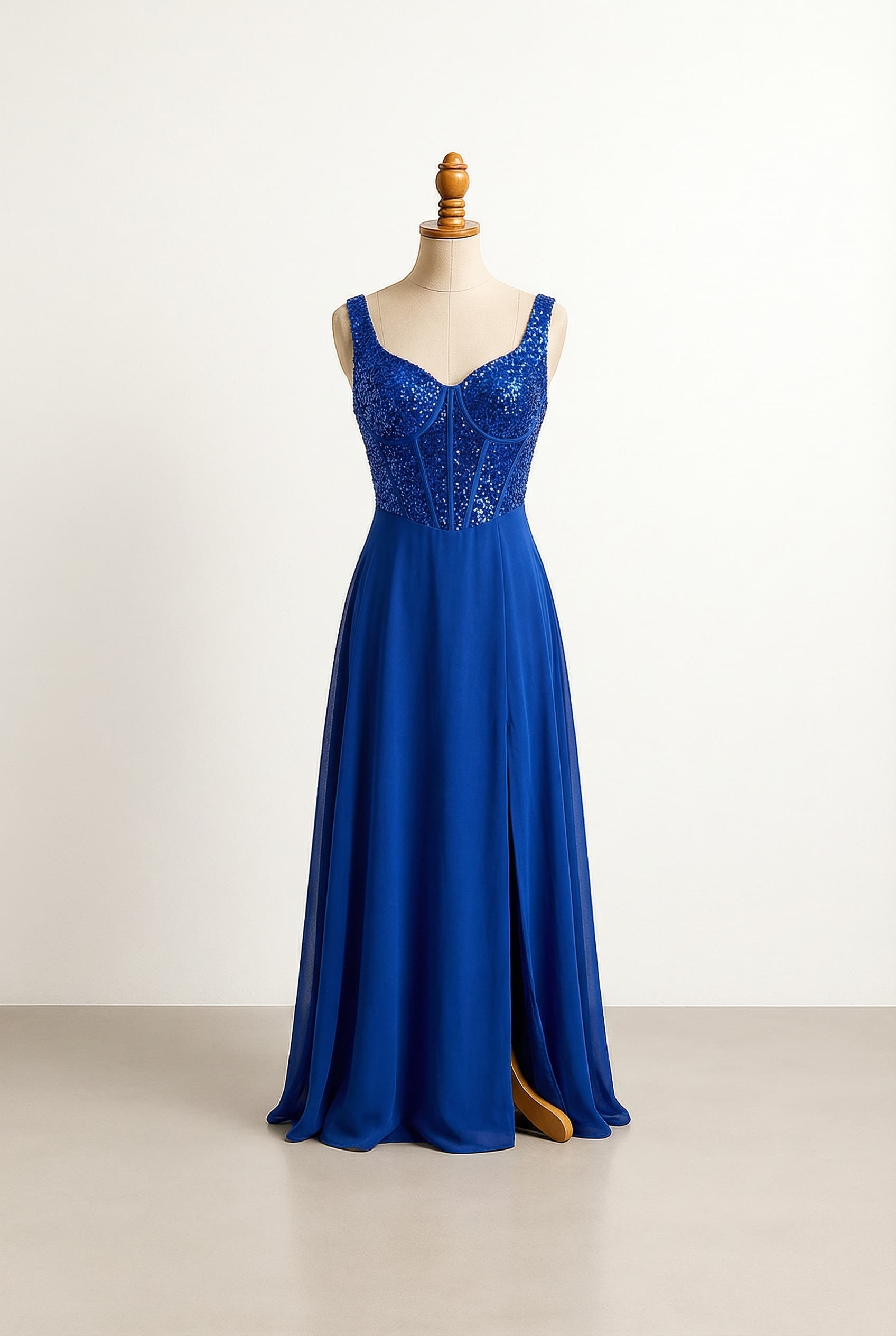Royal blue fitted prom dress with a sparkly sequin corset top, a flowy satin skirt with a left side slit, and an open back.
