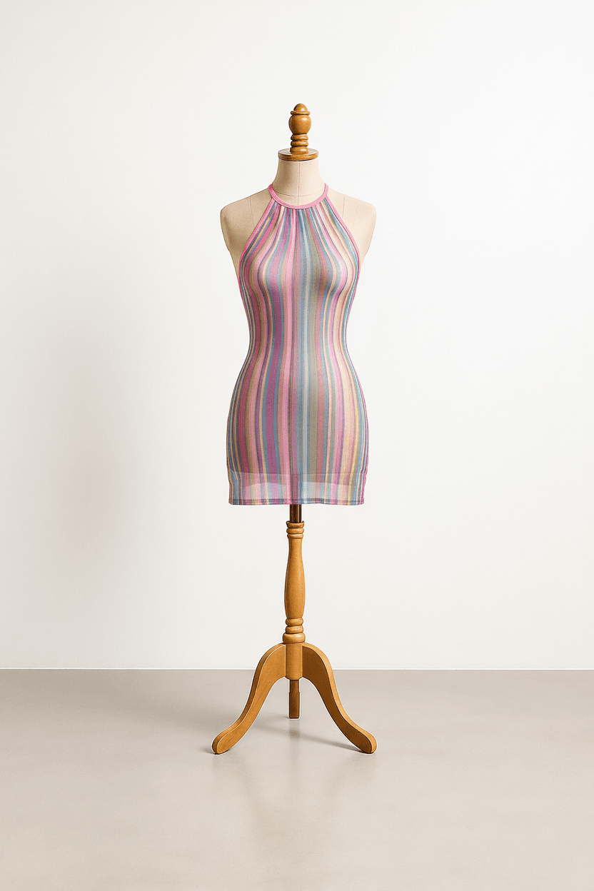 Put this dress on the dress stand, remove any humans, remove background, keep only the dress