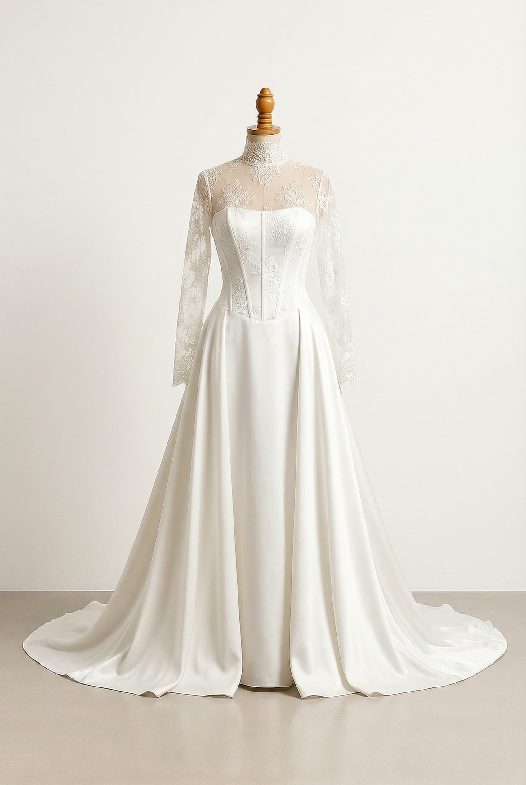 white weddingdress with a floor long train, skirt made of silk, the hip area should be slightly fuller, white corset with a straight neckline, tattoo lace long sleeves and over bust area made of tattoo lace with a turtle neck