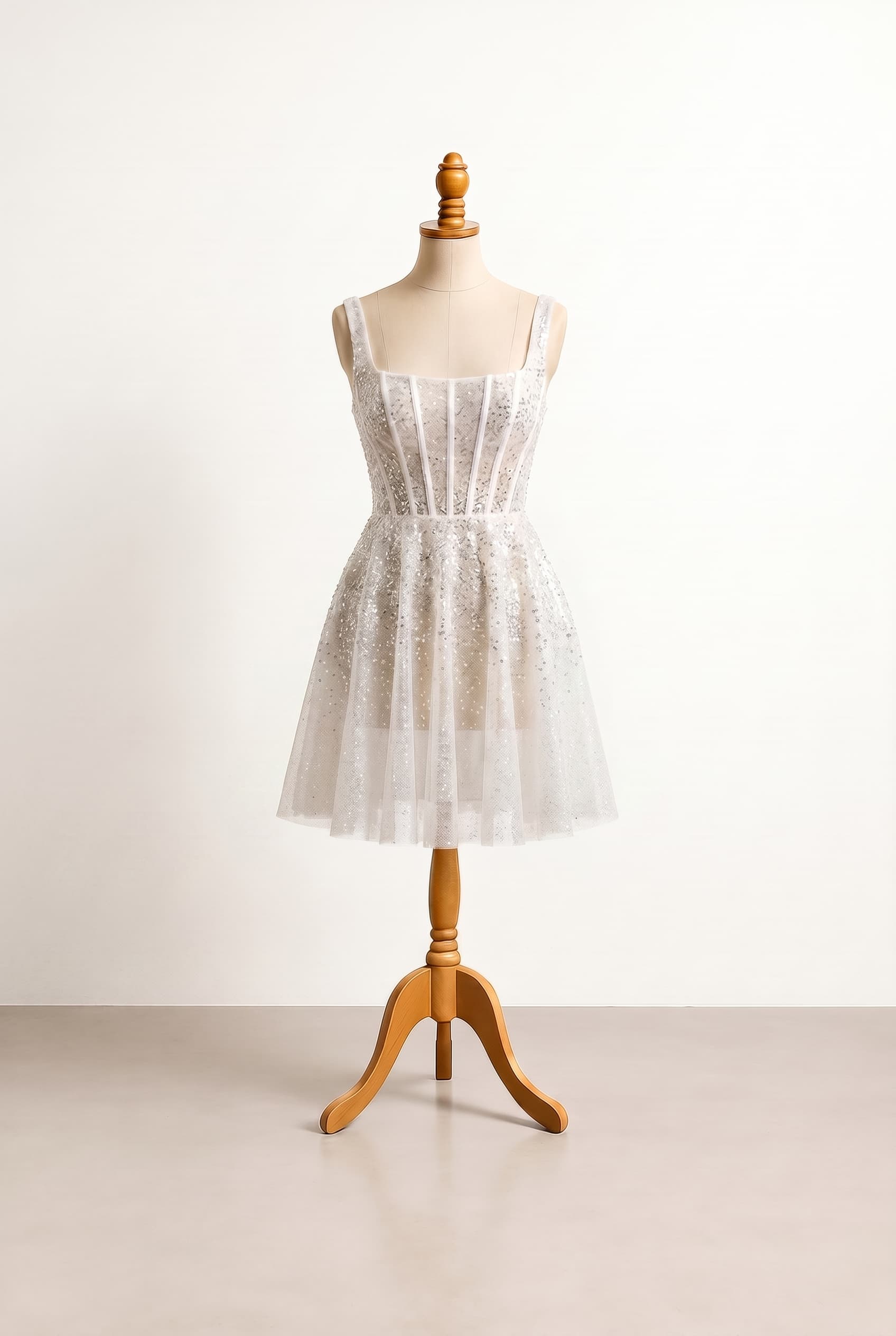 Balanced wedding dress in Diamond Silver and White with shimmering sequin embellishment and glitter tulle square-neck corset bodice featuring boning Fit-and-Flare silhouette and mini-length skirt with functional side-seam pockets and wide supportive straps