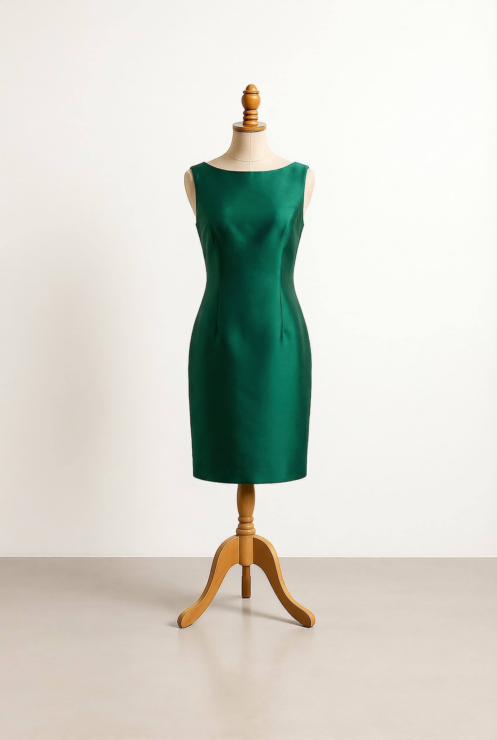 I want a balanced custom dress Deep Emerald Calf - At the mid-calf length Cap sleeve - Short sleeve above the elbow Boat - Wide opening to shoulders Sheath - Straight fit, body-hugging column shape Mikado - Crisp silk blend with a subtle sheen and structured hand It can’t be spaghetti strap or tank top style. Halter neckline ok. Shortest cut possible is just a bit above the knee.