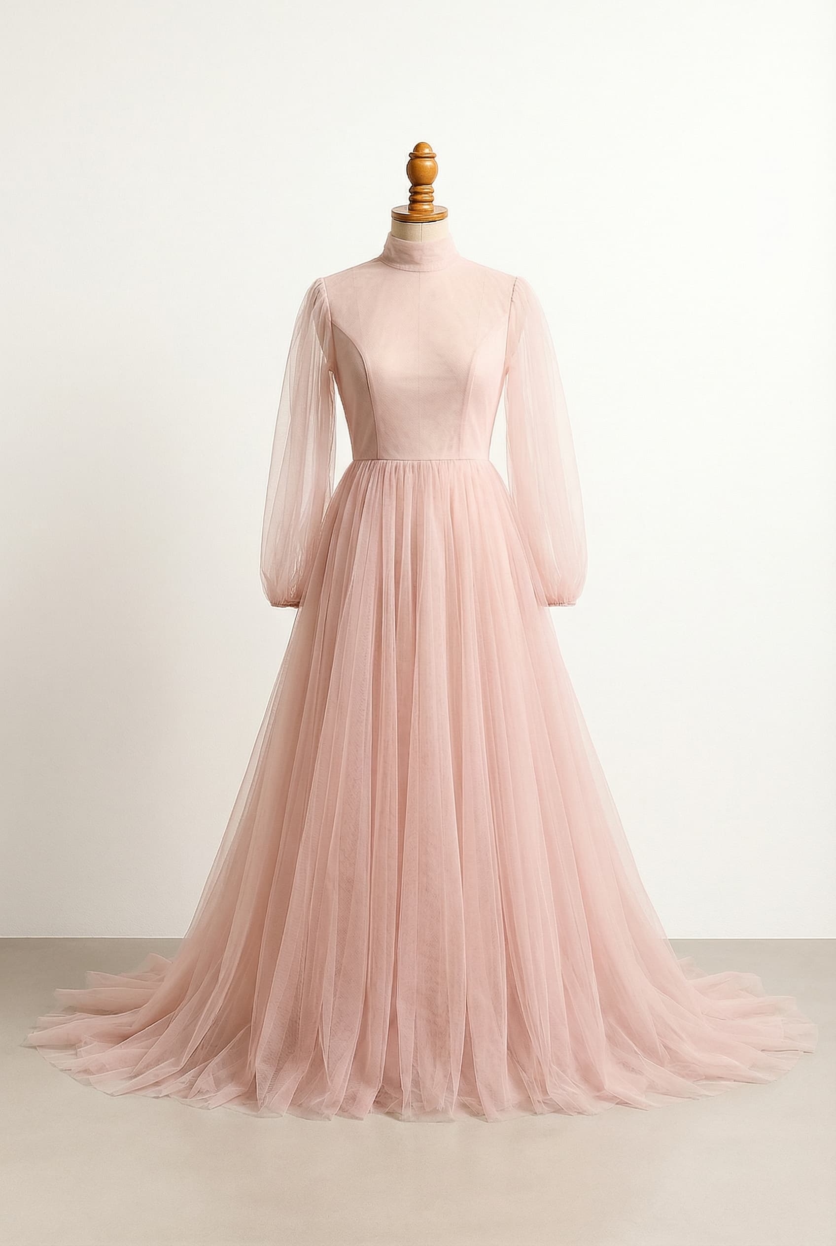 a high neck, open back, long sleeves, train, and order a-line or Ballgown silhouettes