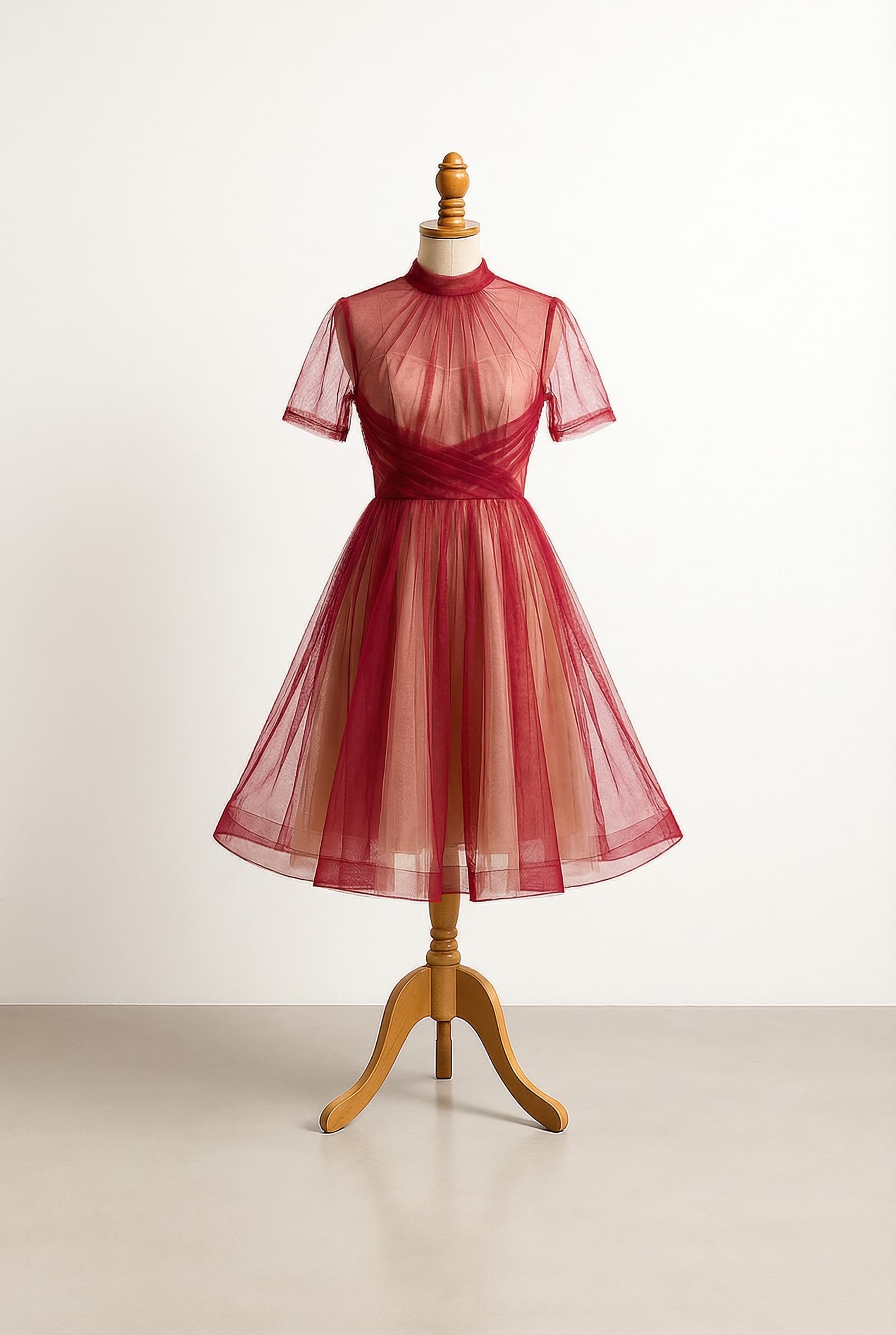 A-line dress with short sleeves high neckline knee length tulle fabric details on bodice cherry red