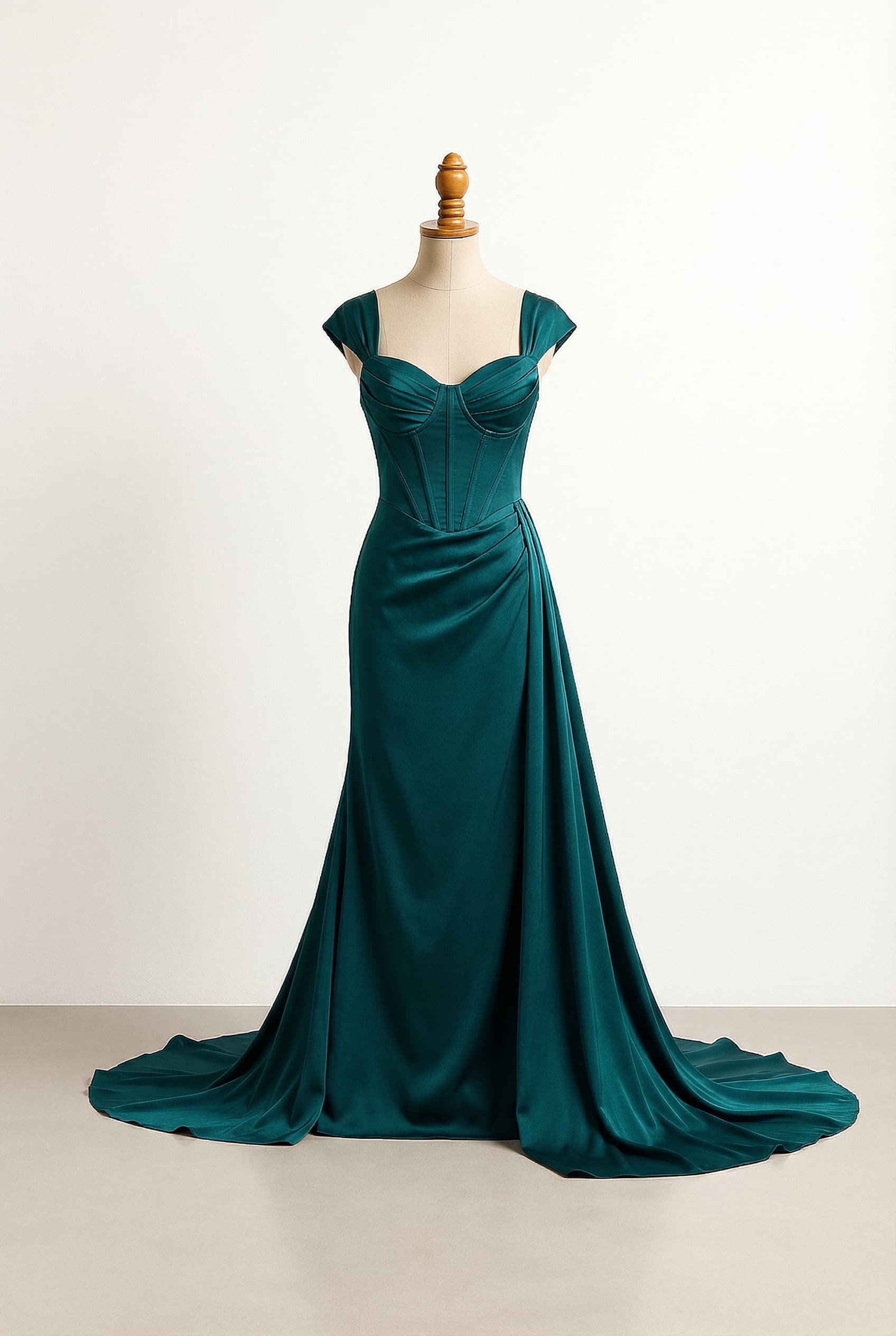 Balanced prom dress Greek goddess inspired modern and sexy in dark colors Corset bodice Royal - Very long dramatic train Cap sleeves sparkly and lacy fabric with a slit