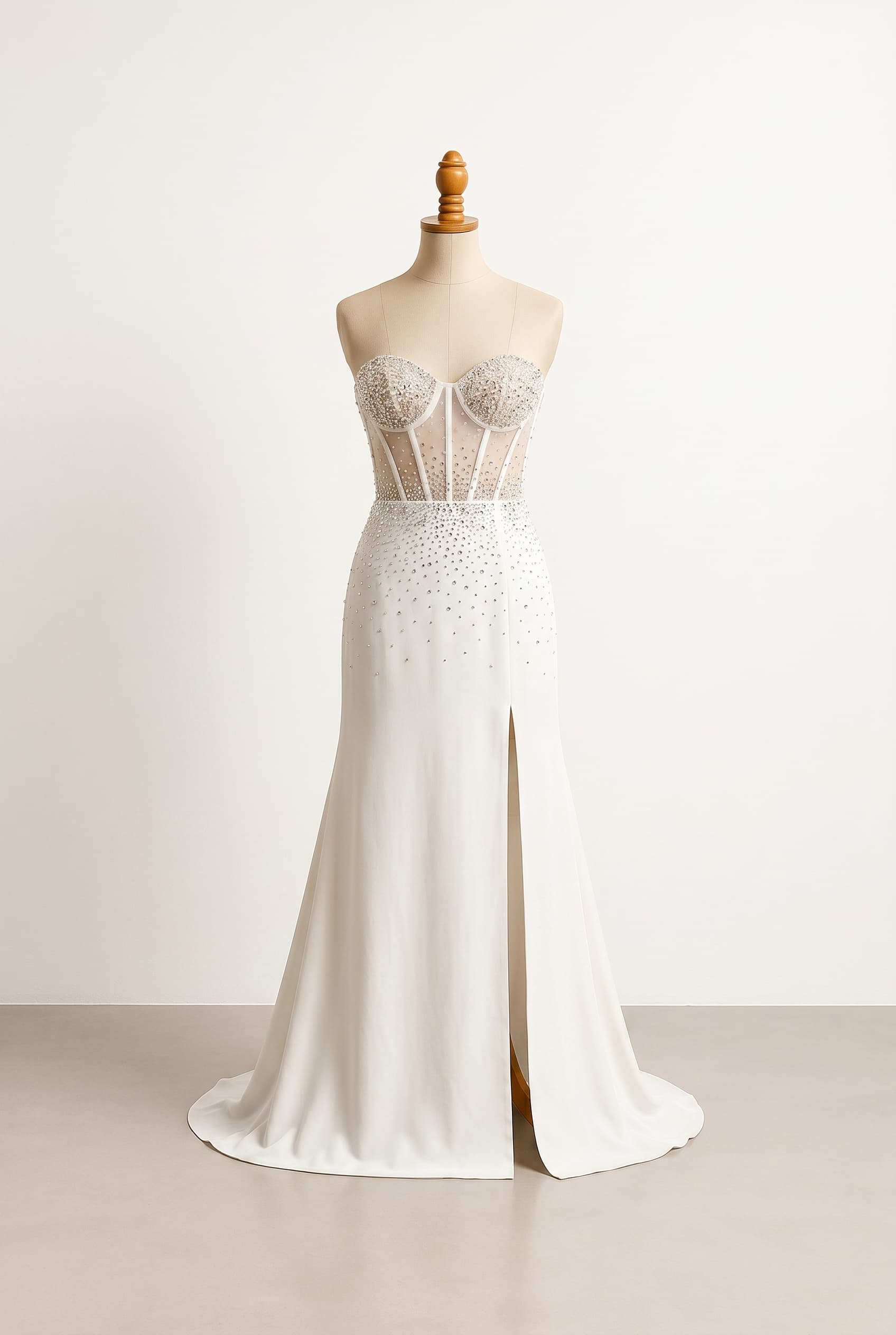 I want a revealing wedding dress in a minimal A-line silhouette with a sheer corset bodice crystal embellishments a sweetheart neckline a high slit and a floor length skirt