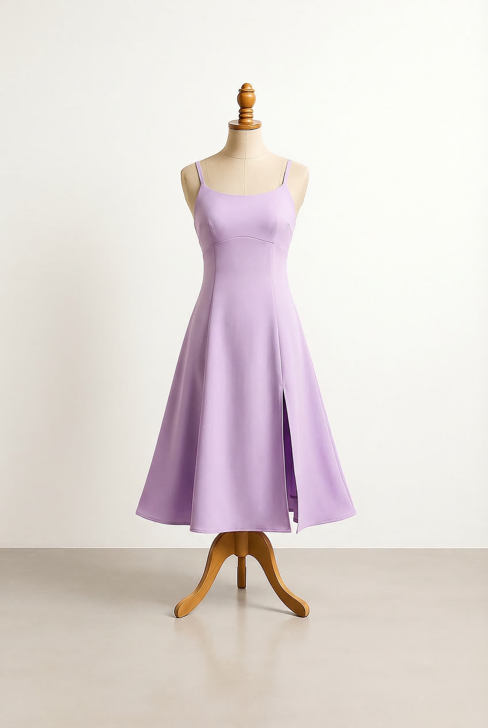 A-line dress with straps and a slit, in light purple or butter yellow or navy blue