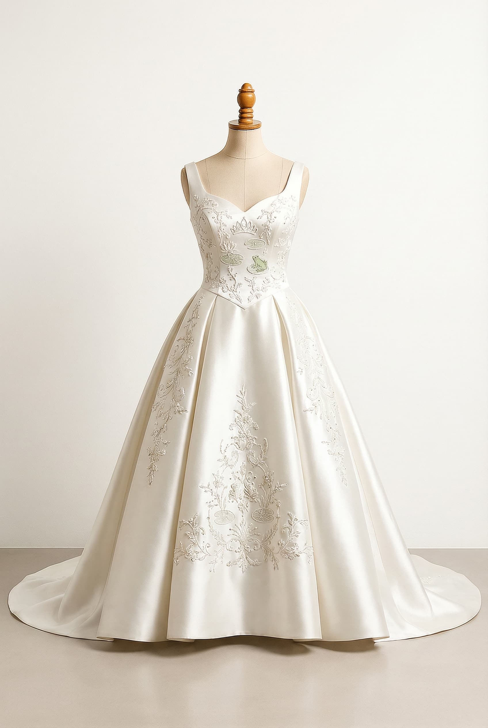 Princess and the Frog theme, bride as focal point, elegant embellishments on bodice and skirt.