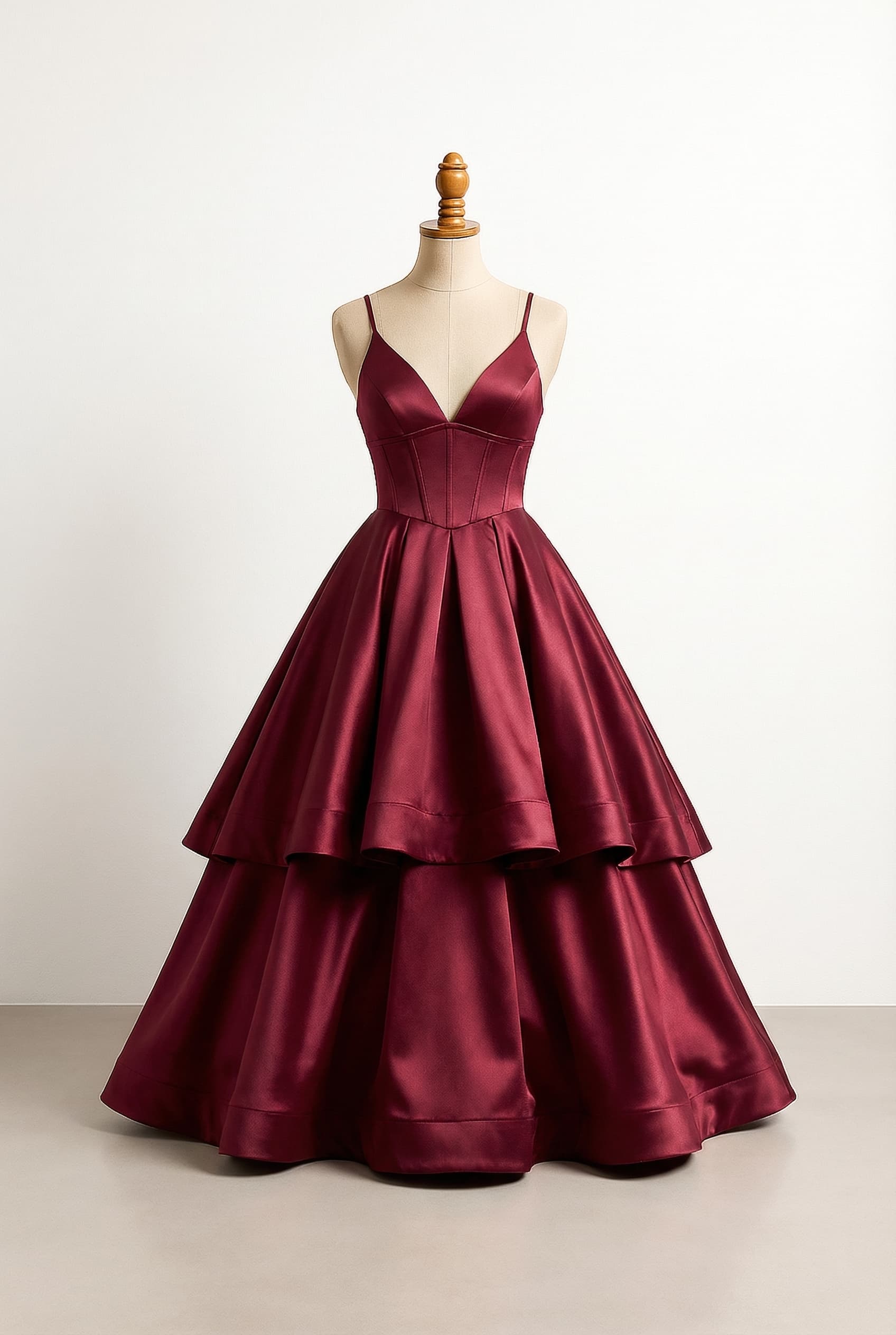 Elegant memorable princess ball gown in dark red with thin straps a poofy tiered silhouette and a vintage vibe with a basic neckline and a corset style synched waist