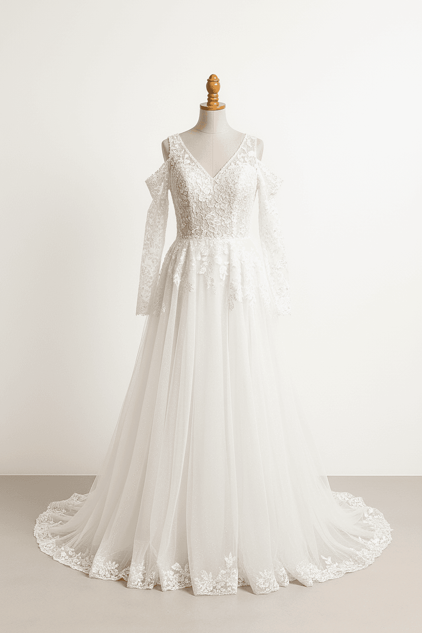 A romantic wedding dress with elegant details; A romantic wedding dress with elegant details