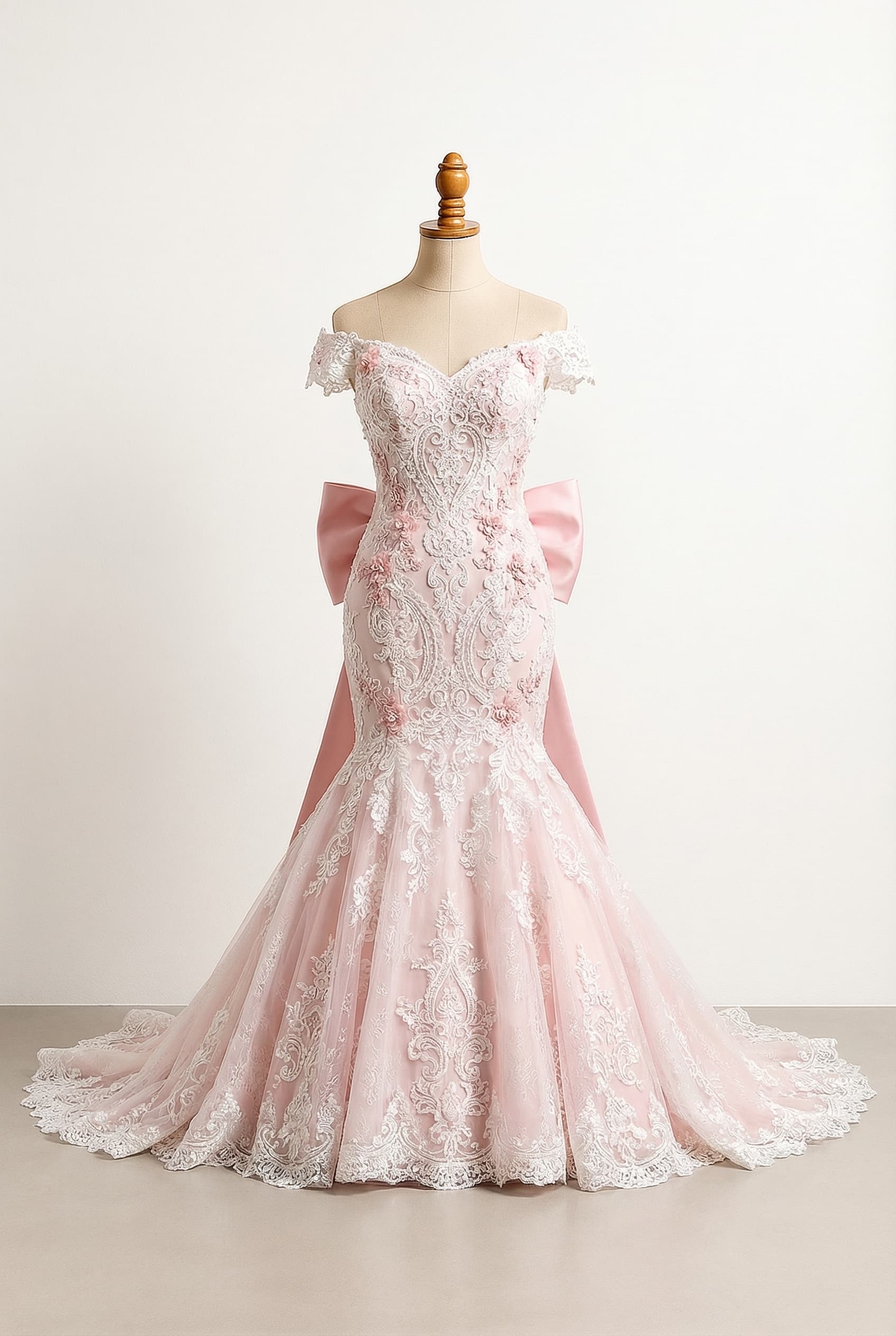 Elegant style with lower neckline or strapless options. I want a revealing quinceaera dress with a long train big bow white with pink details Off-the-shoulder