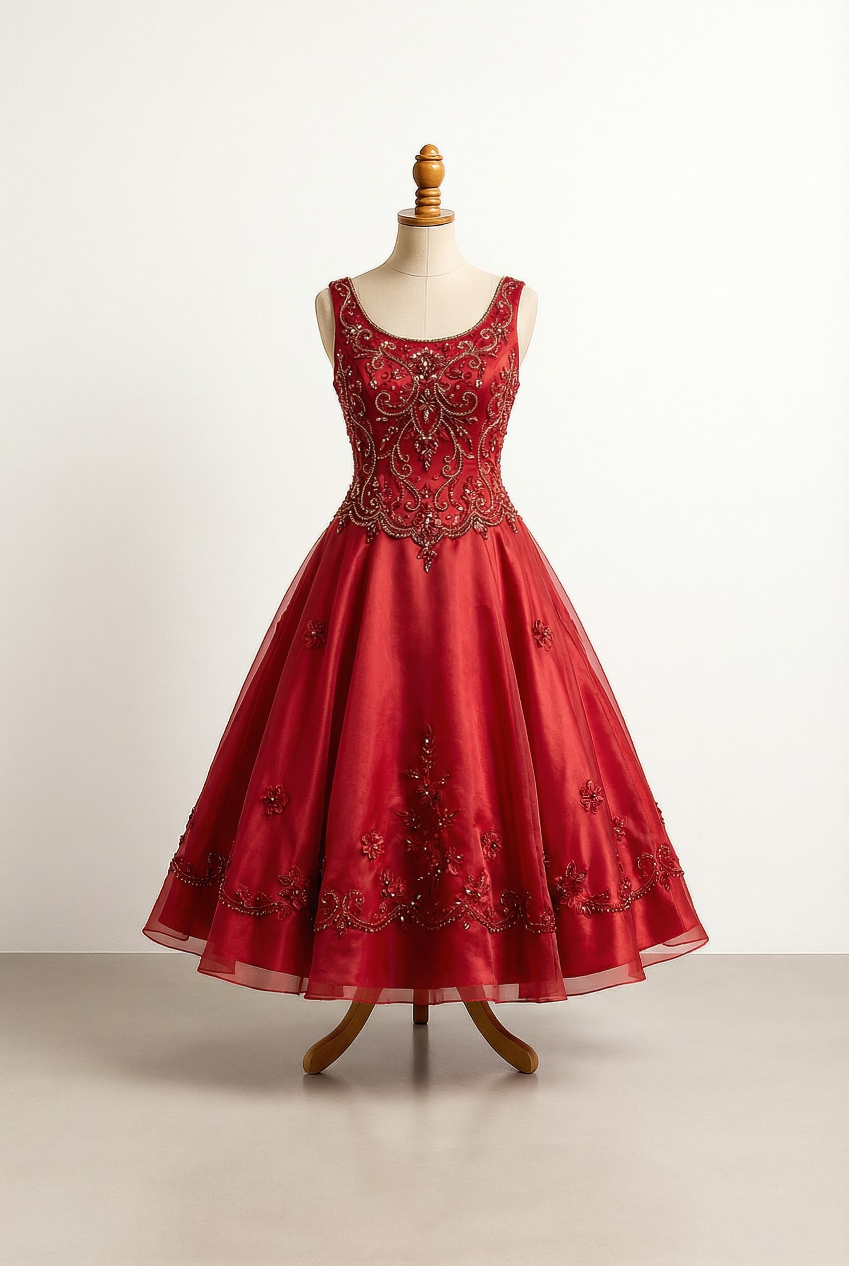 Glamorous prom dress with intricate gold and red beading and embroidery on the bodice and skirt, featuring beautiful embellishments and appliqués, and a full skirt with a layered or sheer outer fabric for added volume.