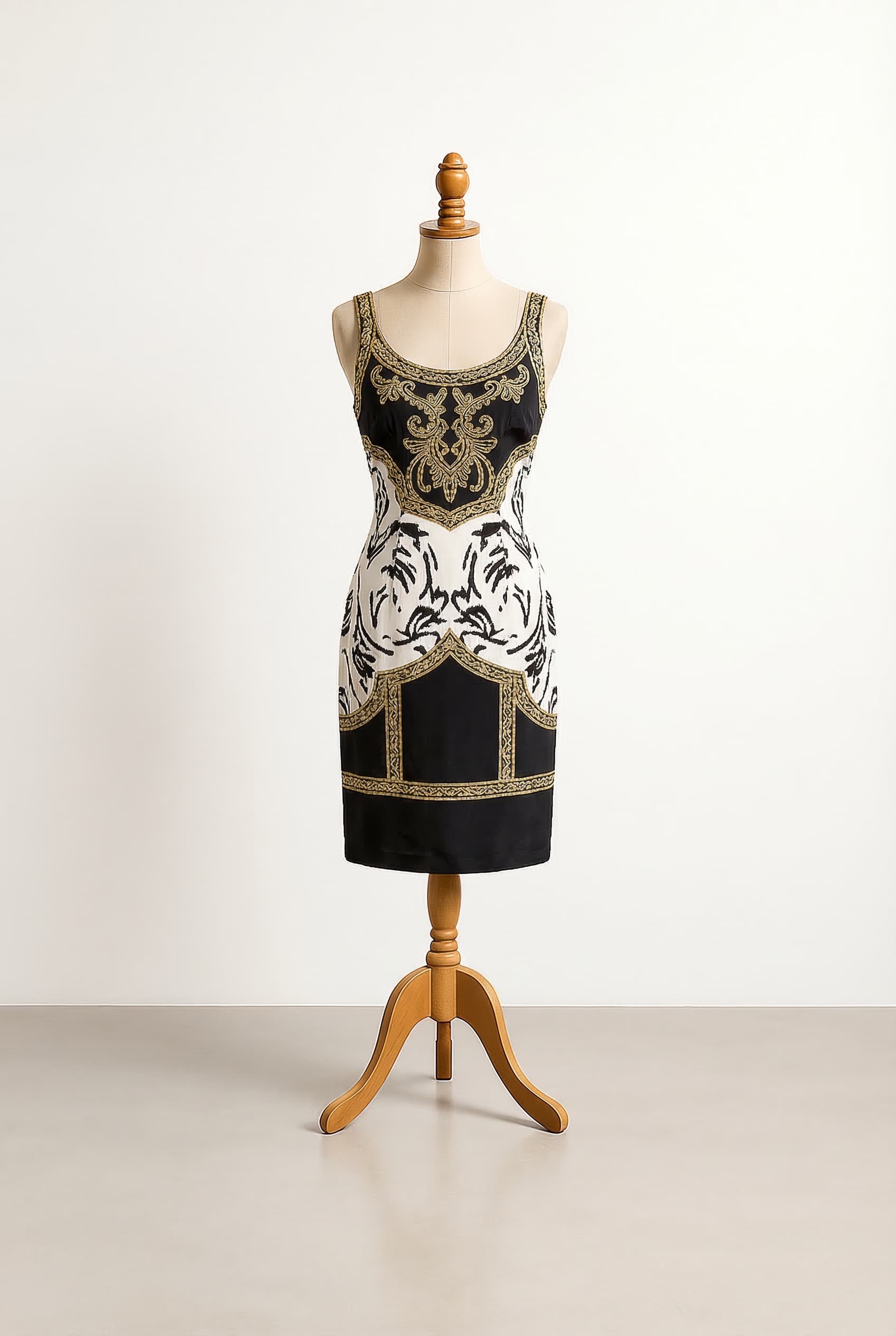 semi-formal cocktail dress, black, white and gold