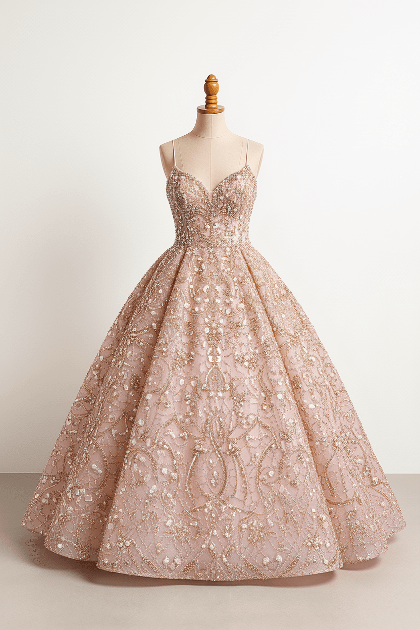 Pink dress with sweetheart neckline and spaghetti strap sleeves beaded with gold accents on the top and bottom trim, very round ball gown silhouette, floor length