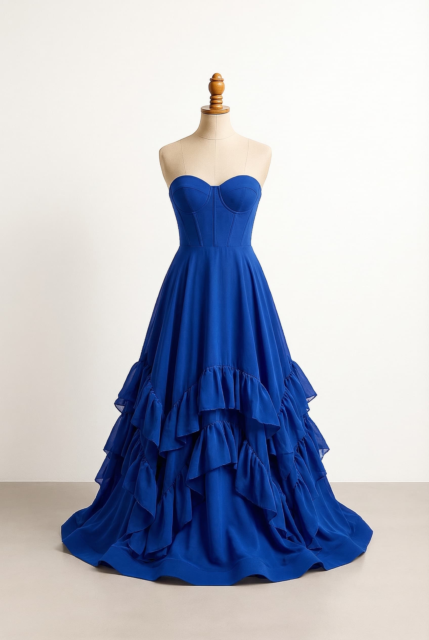 I want a balanced prom dress with a royal blue color and ruffles at the bottom and a cute corsage top, suitable for smaller busts.