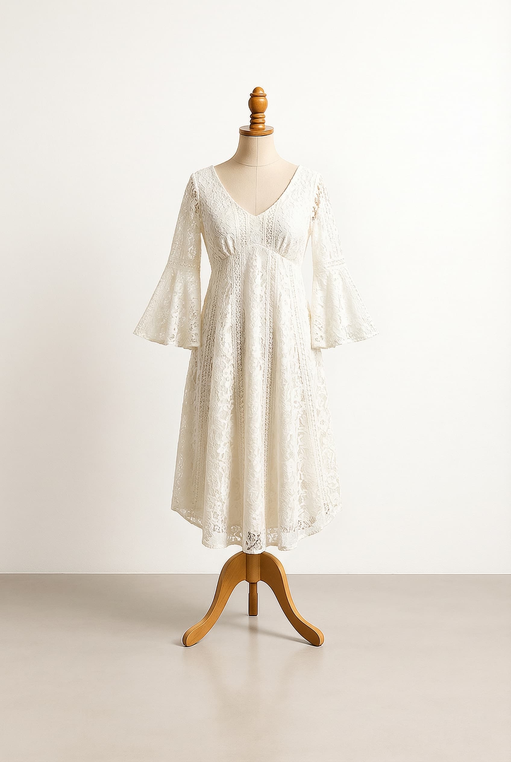 Boho country wedding dress with bell sleeves in Ivory knee length with a soft V neckline