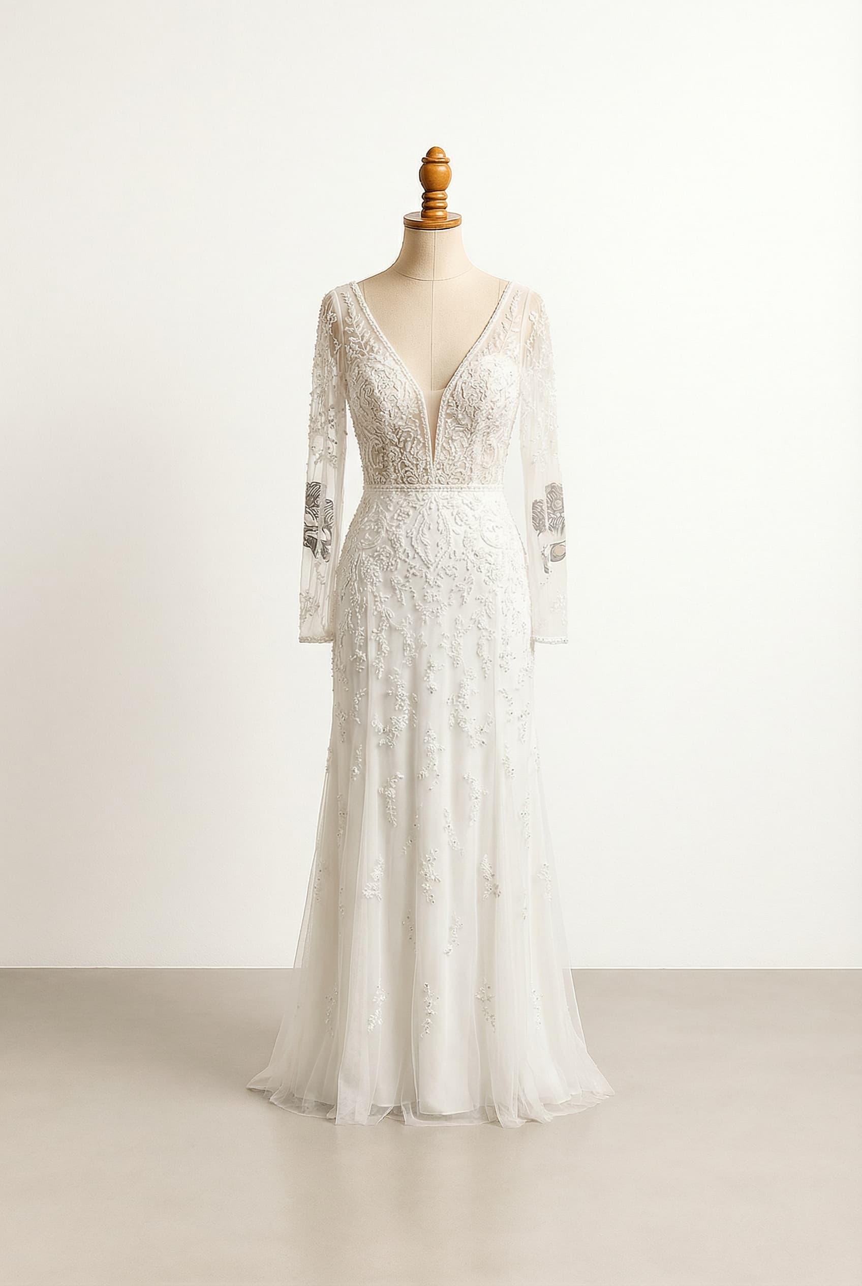 A romantic wedding dress with elegant details, designed for a comfortable, not-too-tight fit, featuring design elements that allow tattoos to be visible.