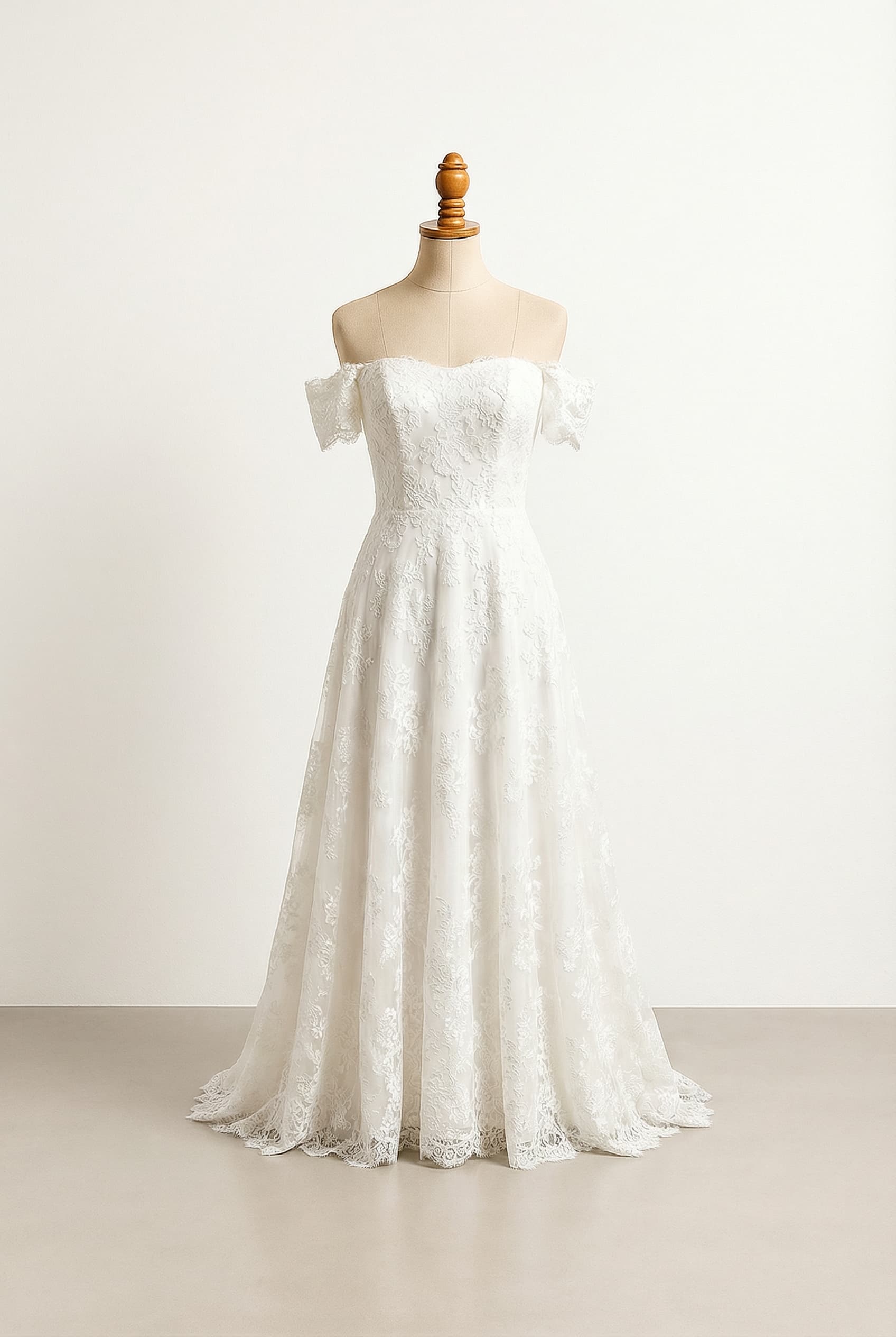 A romantic wedding dress with elegant details, featuring white silk fabric, beading and lace, floor-length, off-the-shoulder, flowing from the waist.