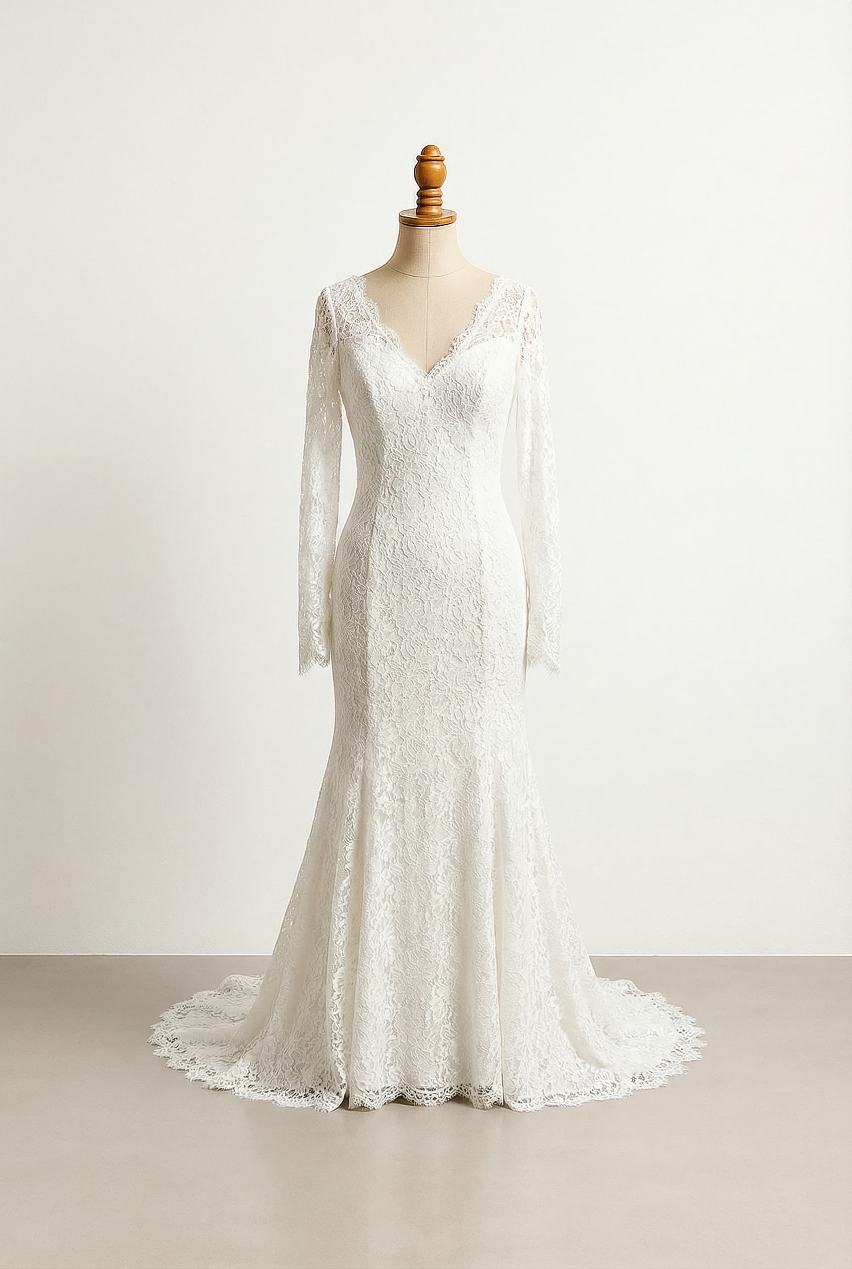 A romantic wedding dress with elegant details, with long sleeves and thumb holes