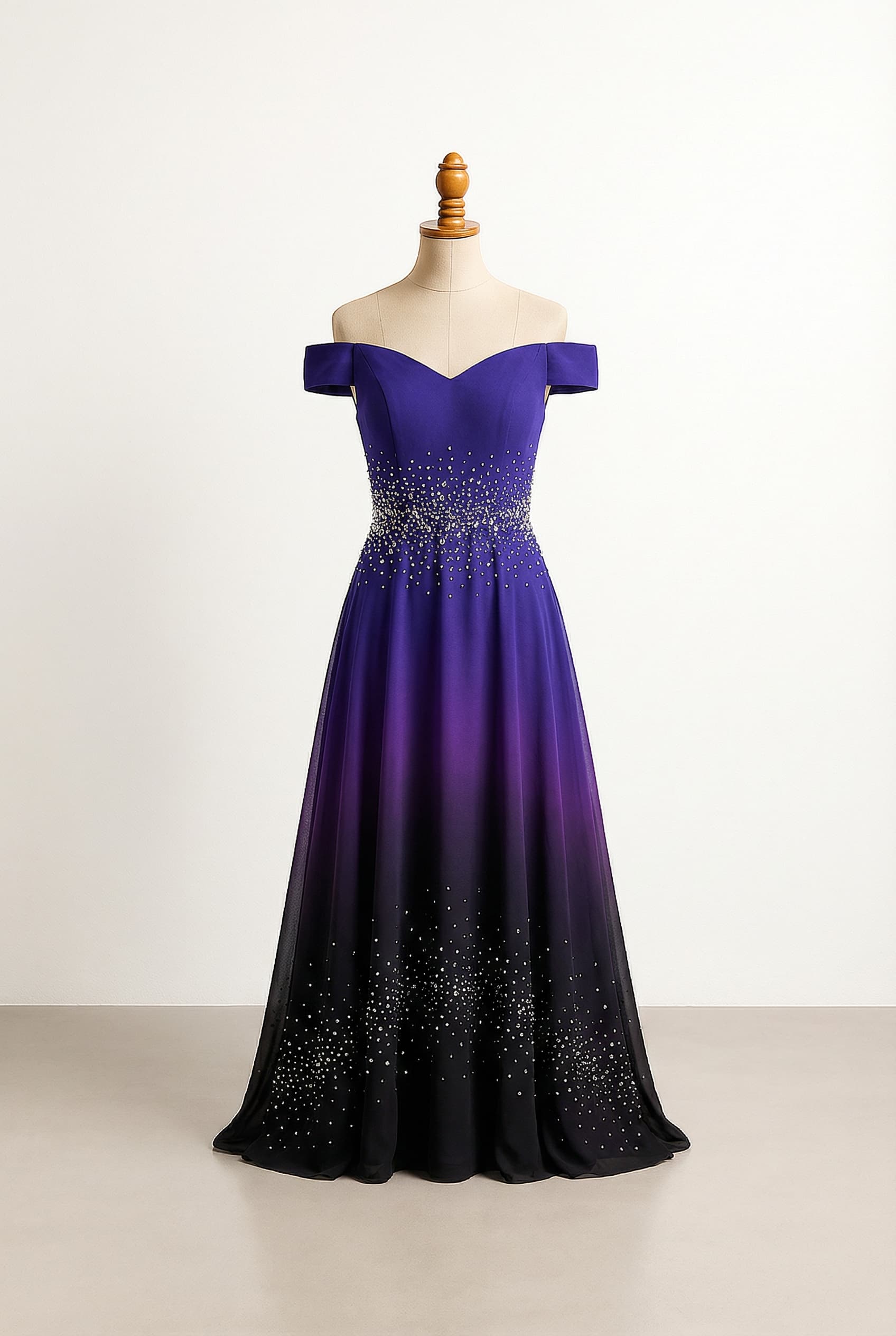 Off the shoulder A-line dress in deep purple ombre into black with silver embellishments accenting the waist, scattered on the skirt, and an embellished back bodice, with no train and matching elbow-length, sparkling silver gloves.
