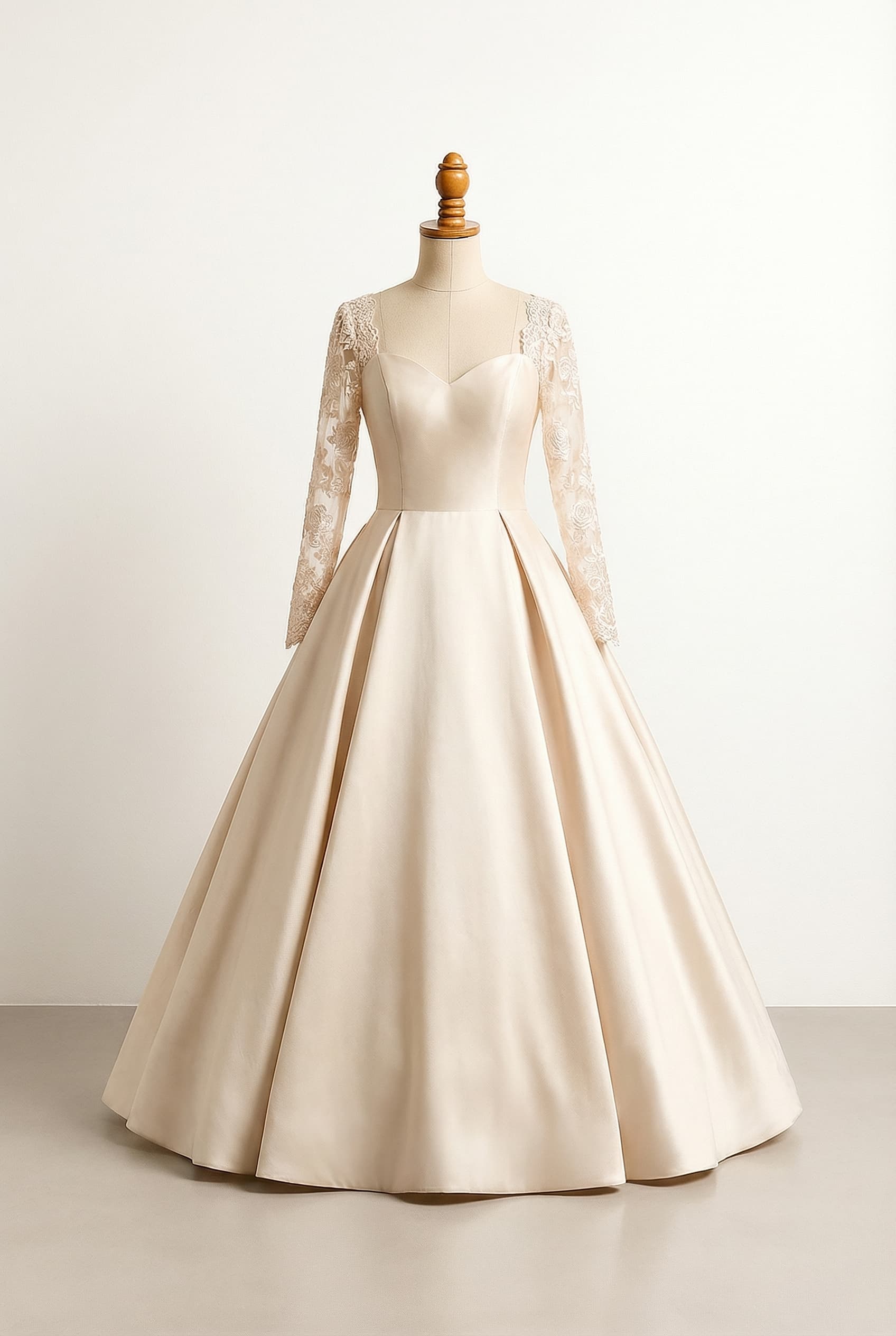 I want a balanced wedding dress with a sweetheart neckline, rose laced sleeves and a ball gown skirt in white
