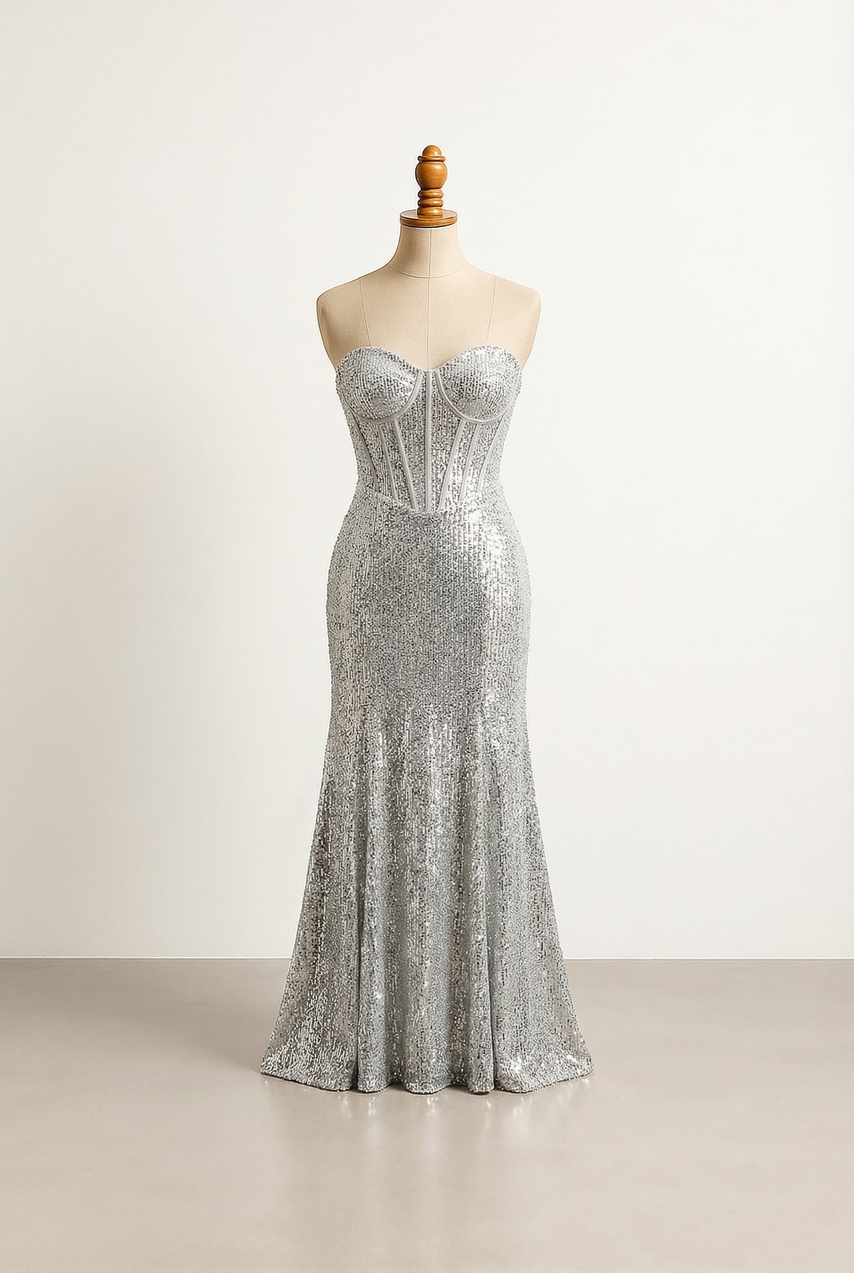 A sparkling silver sequin corset prom dress with visible boning and a dazzling sparkling overlay, floor length.