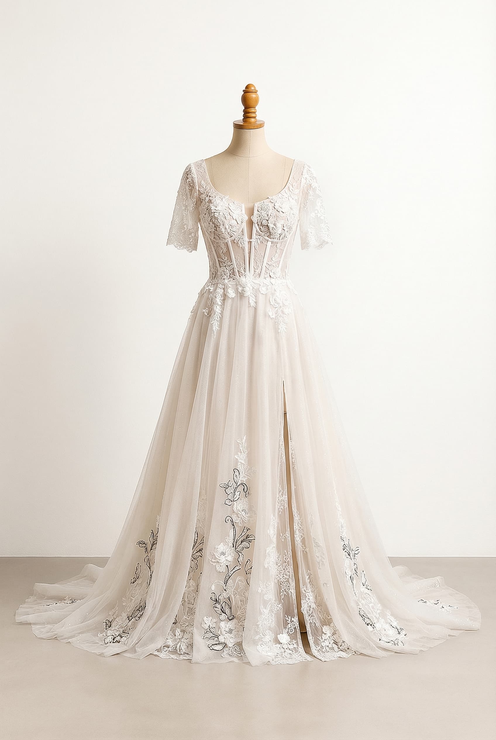 I want a balanced wedding dress romantic sculptedmodern goddess soft floral fairytale meets high-fashion bridal runway, fitted through the hips then flares into a soft airy train not to tight still has romantic movement. bodice strapless sweetheart neckline structured corset with visible boning 3d floral lace applique concentrated on the waist and bust subtle illusion plunge in the center fabric and texture base layer soft ivory shimmer tulle in burgundy overlay large scale 3d floral lace in black fine embroidery scrollwork blended between florals in black light sparkle scattered throughout skirt for glow in pictures skirt details fitted through the hips high slit sheer lace train with floral edge detailing cathedral-length airy but dramatic