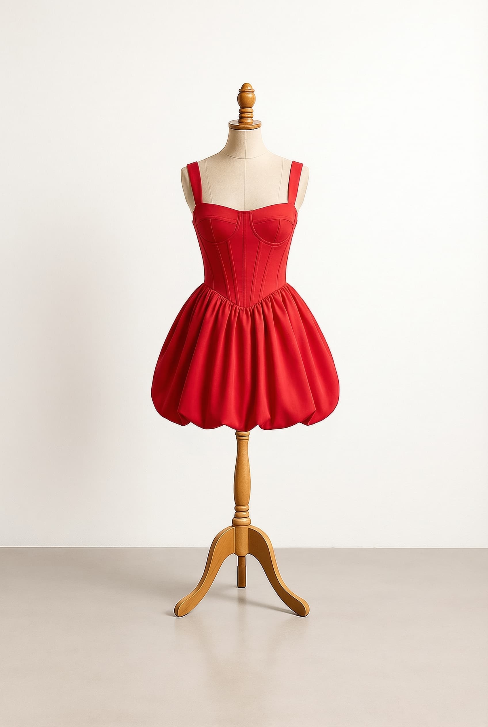 Red mini dress with corset-like bodice wide straps and a puffy bottom without layers