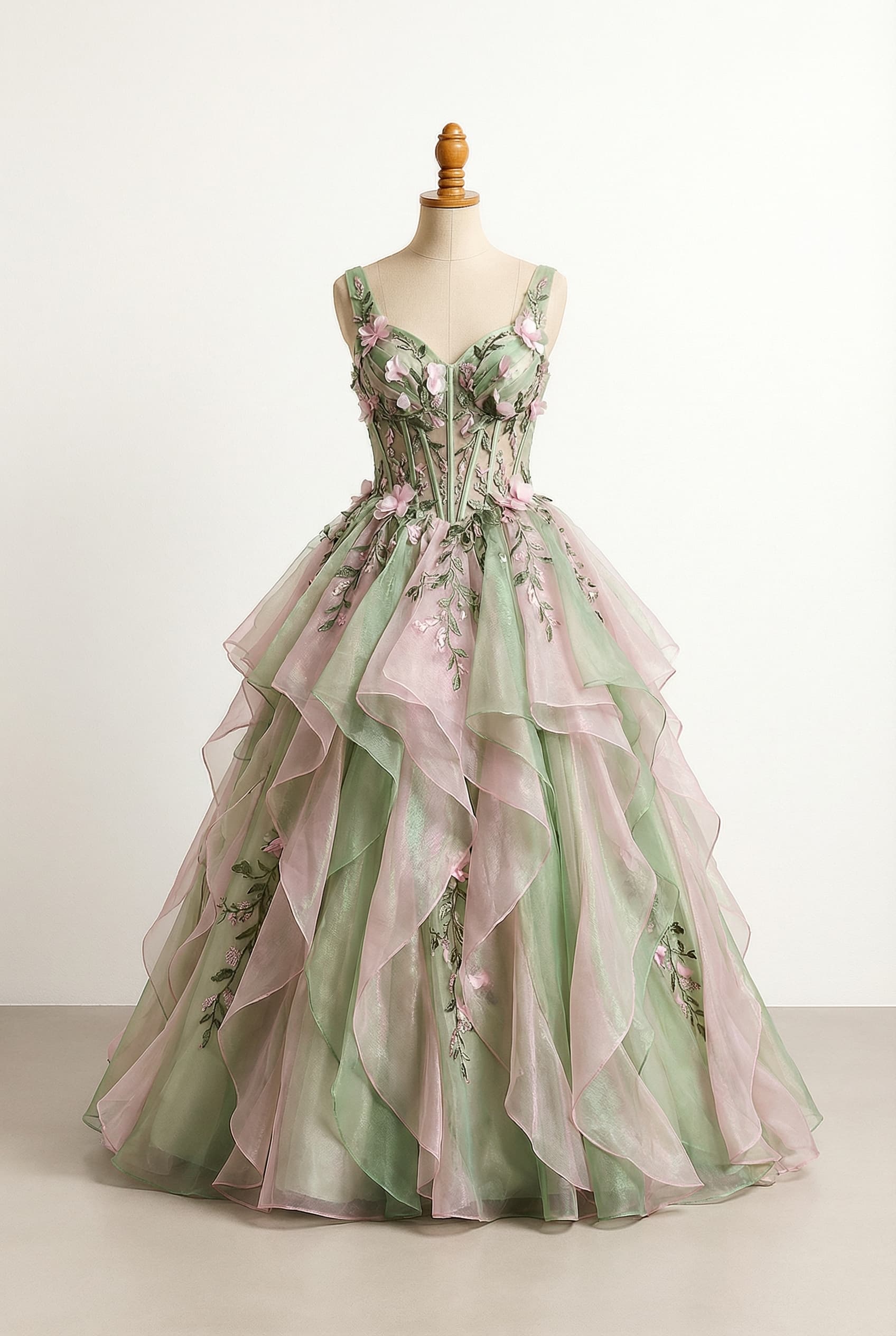 Glamorous prom dress with a base in green and pink pastel, and details in darker green and pink, featuring delicate sparkle or glitter, iridescent or opalescent touches, vine or leaf embroidery, and flower petals. The skirt should have layers of organza creating a petal-like effect. It has a floor-length, sweetheart neckline, an A-line silhouette, a sleeveless design, organza fabric, and a corset-style lace-up back with boning and satin laces with a sheer organza panel underneath.
