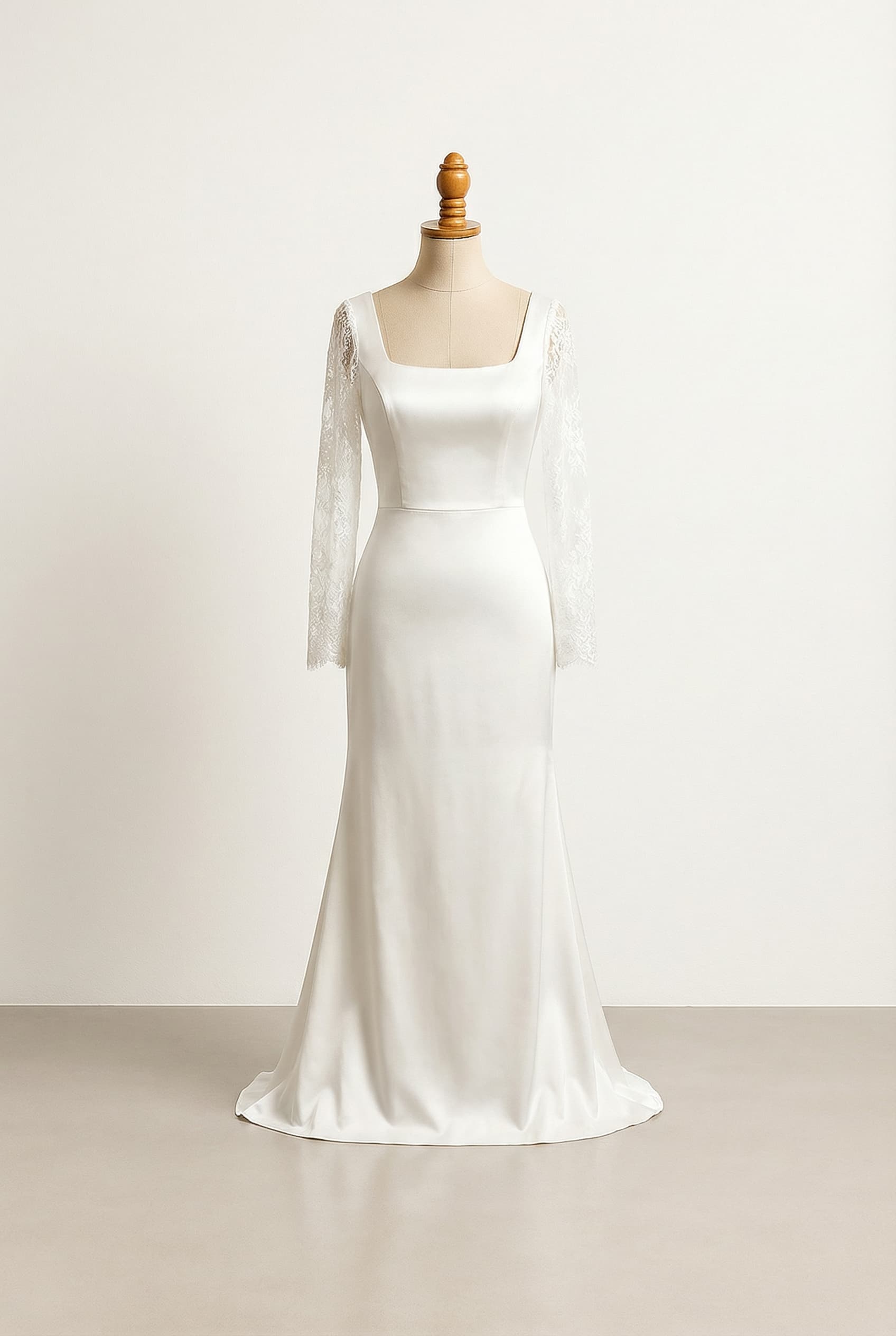 A romantic white chapel-length fitted sheath wedding dress in satin, with elegant details, a square neckline, exquisite lace mid-hand sleeves, and a stunning low V-back with delicate covered buttons.