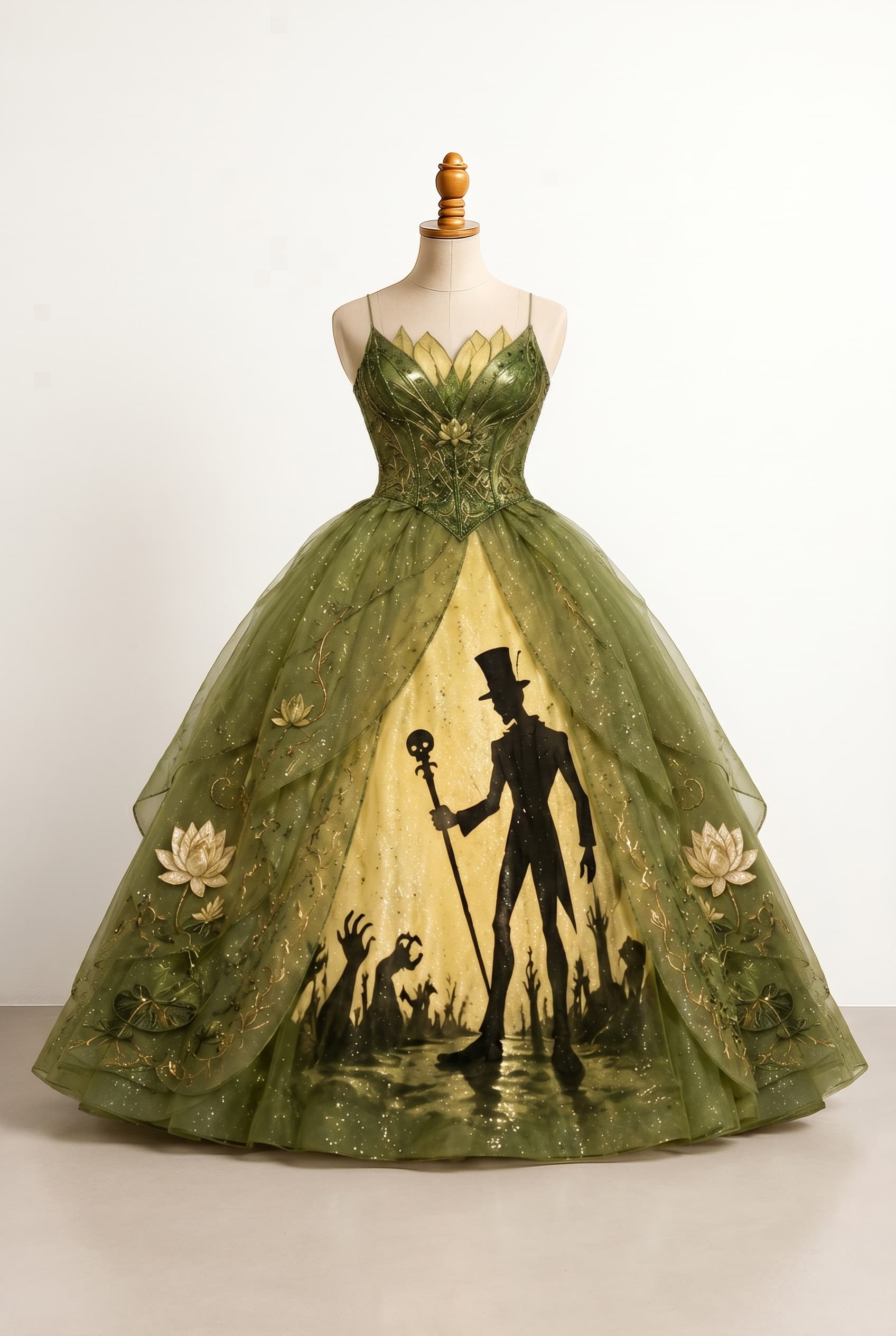 Could you add a dark purple aspect to the dress? Maybe the flowers?, Green, yellow dress with added dark purple floral accents.