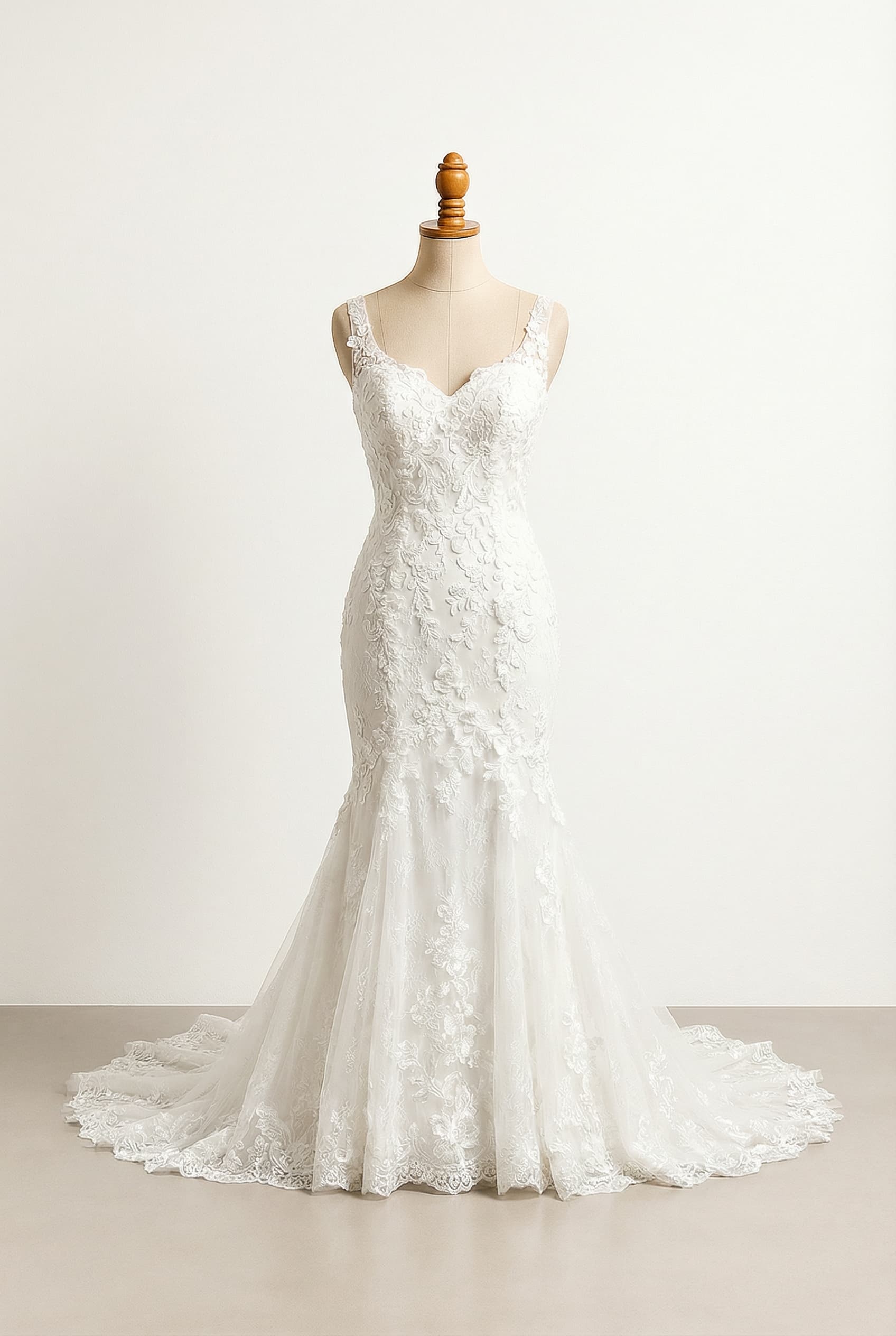 A romantic white wedding dress with elegant details, featuring a strapless sweetheart neckline, delicate floral lace bodice, a mermaid silhouette, and a floor-length skirt with a chapel-length lace train.