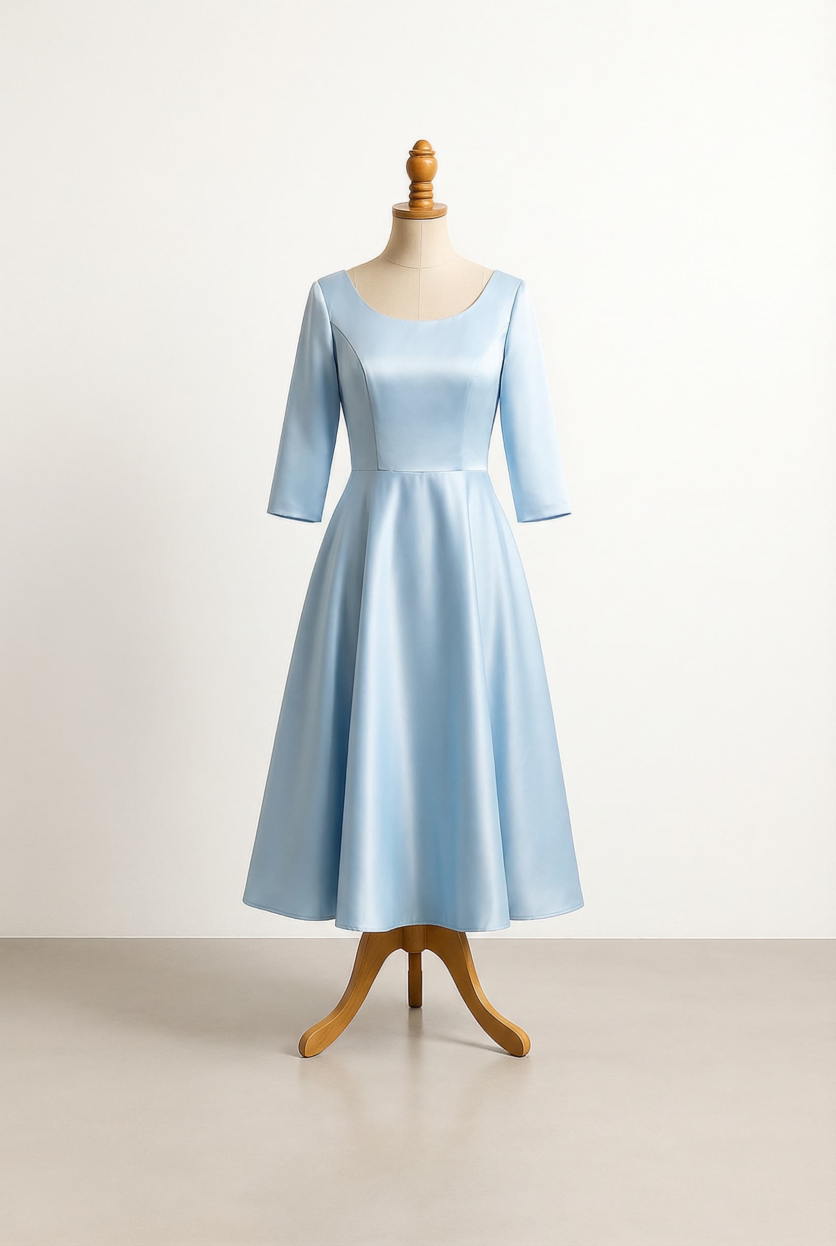 A romantic, light blue, tea-length wedding dress with elegant details and a modest neckline.