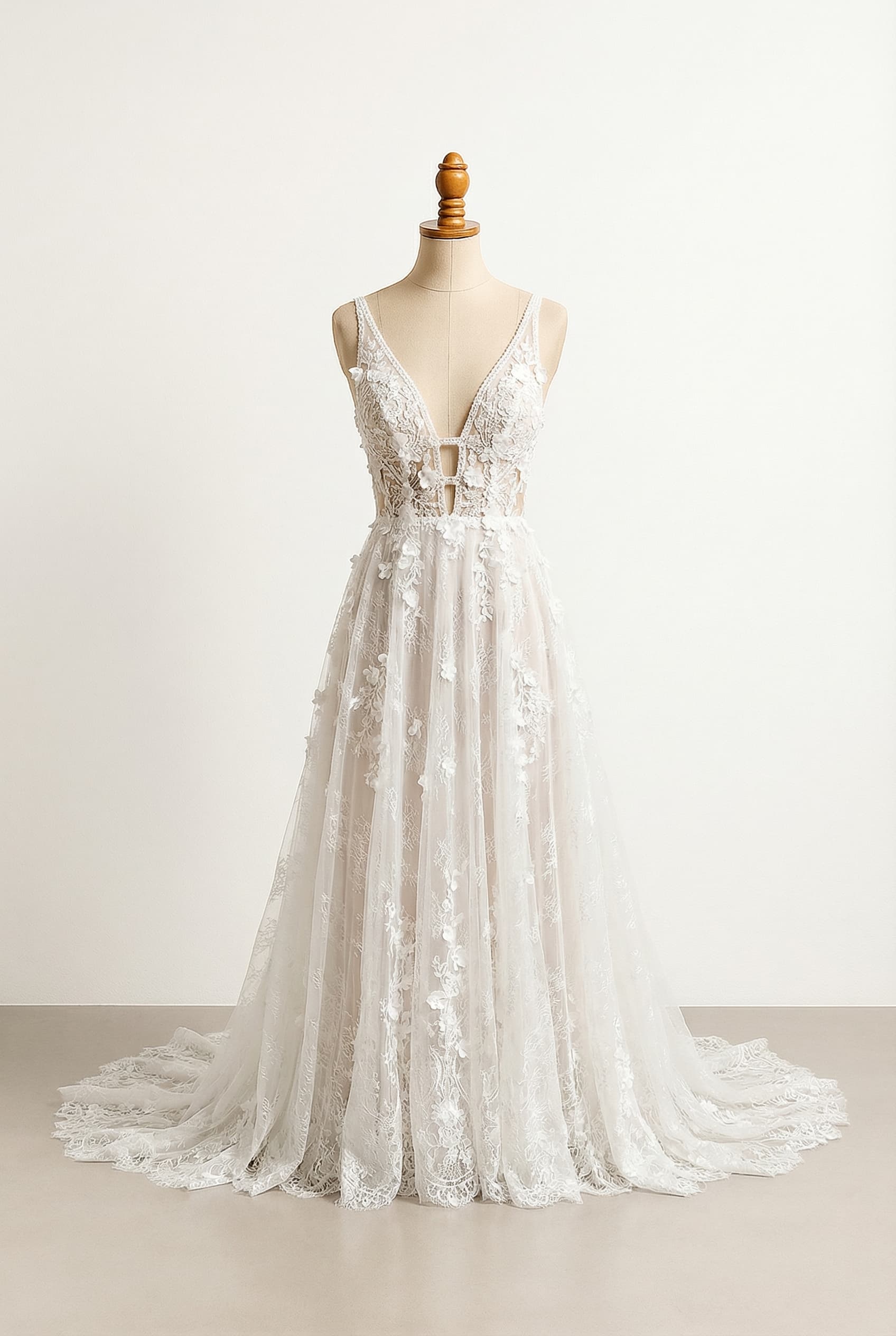 A bohemian sexy wedding dress with cut outs in the front and sides thin straps a flowy bottom a lace top and a tulle and chantilly lace bottom with small flowers and appliqu Chapel - Slight train 1-2 feet past feet, Plunge - Deep dramatic V-neck
