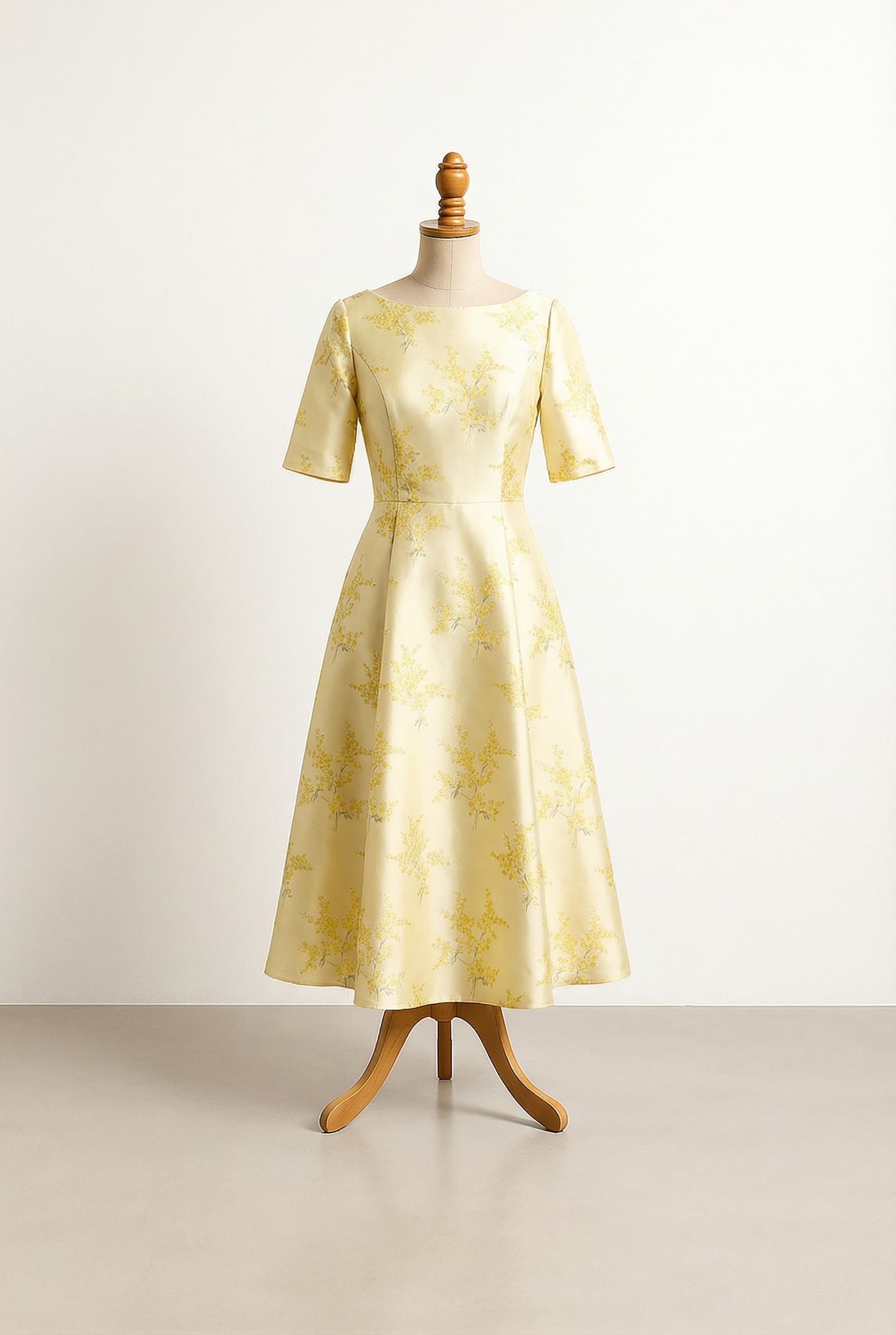 I want a balanced wedding dress. I want a yellow floral wedding guest dress.