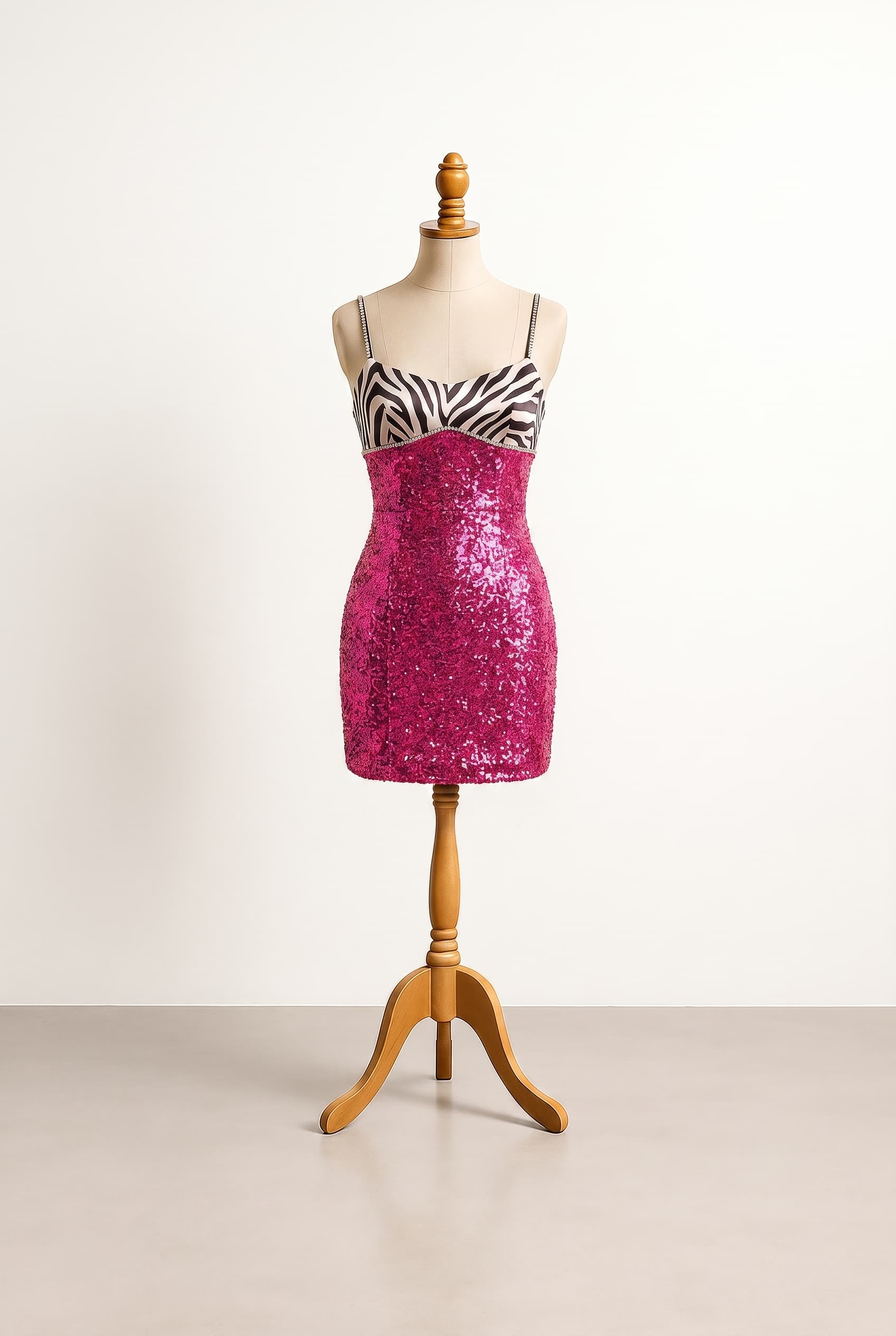 Mini bodycon dress with thin spaghetti straps, zebra print satin bust area, sharp empire waist cutoff under the bust, sparkly hot pink sequined skirt section, Y2K glam aesthetic, silver rhinestone details