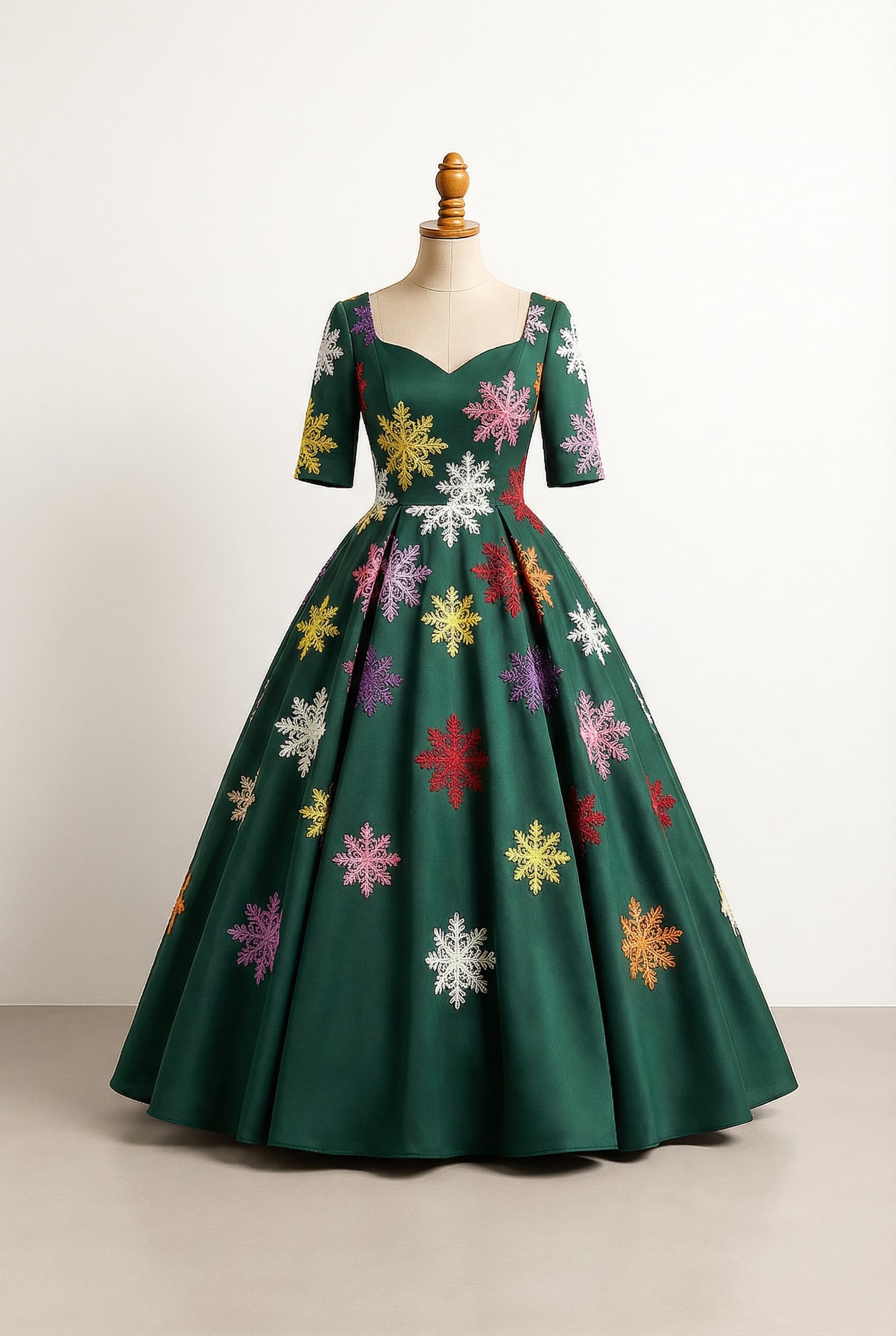 A romantic wedding dress with elegant details, featuring white, yellow, pink, purple, red, and orange lace snowflake patterns scattered all over, and Medium-length sleeves, with a dark green main body.