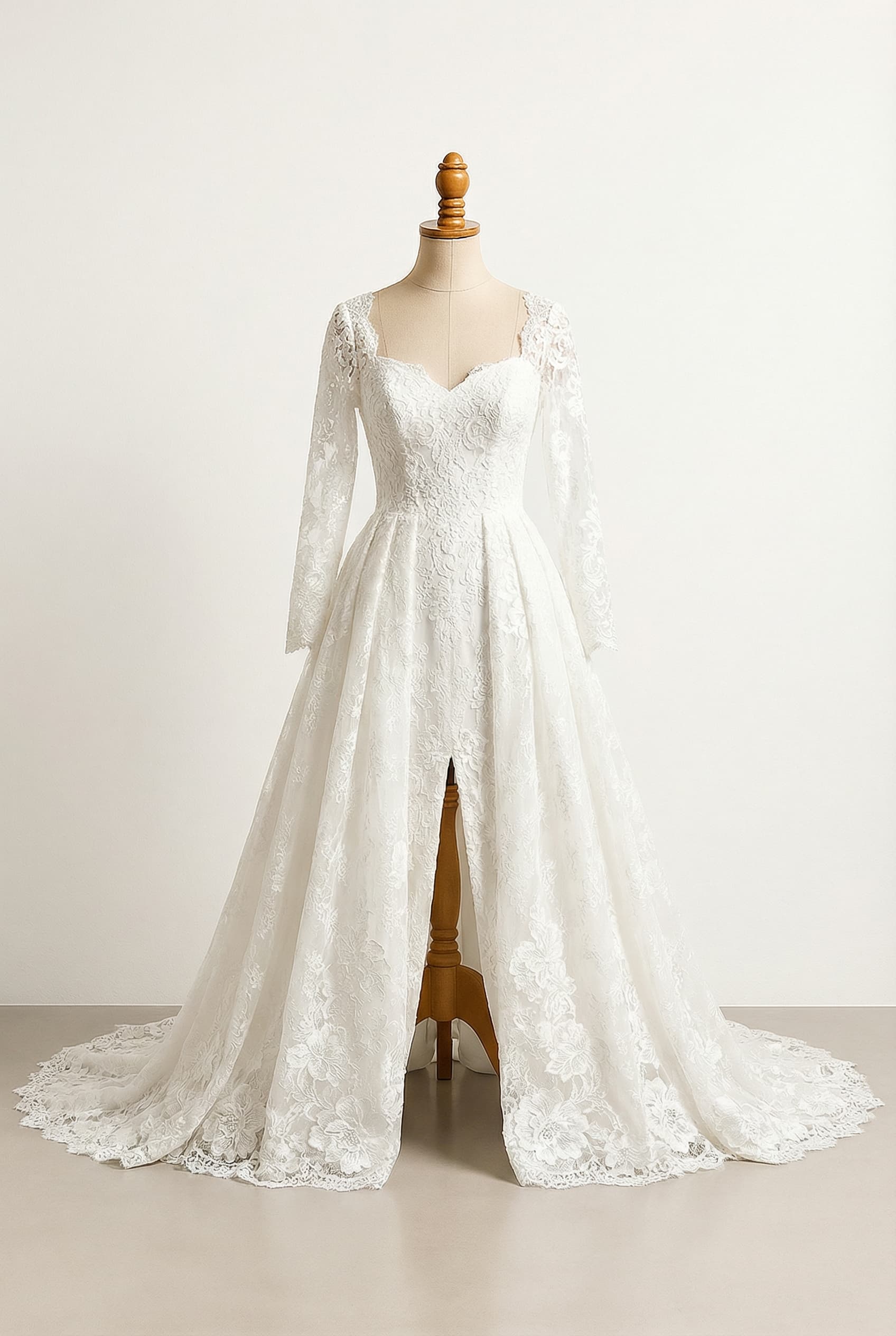 wedding dress design with long lace sleeves, a front slit, lace flowers on the bottom, and a detachable train