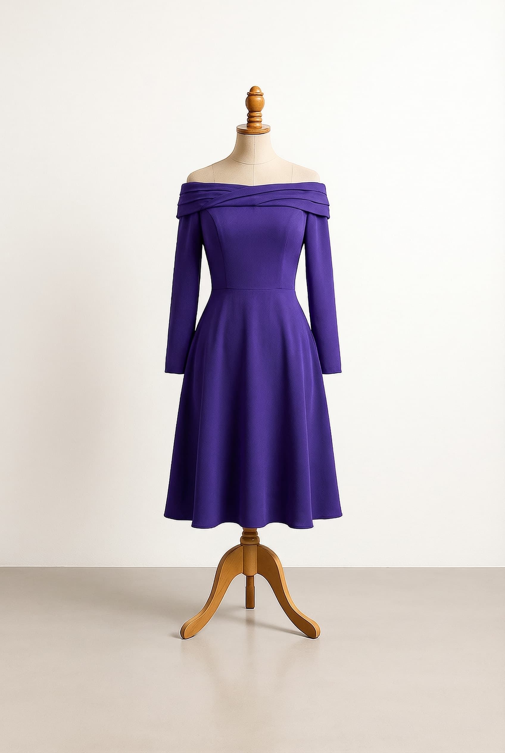 I want a balanced custom dress in royal purple knee-length with an off-the-shoulder neckline with pleats and pockets. The fabric is crepe