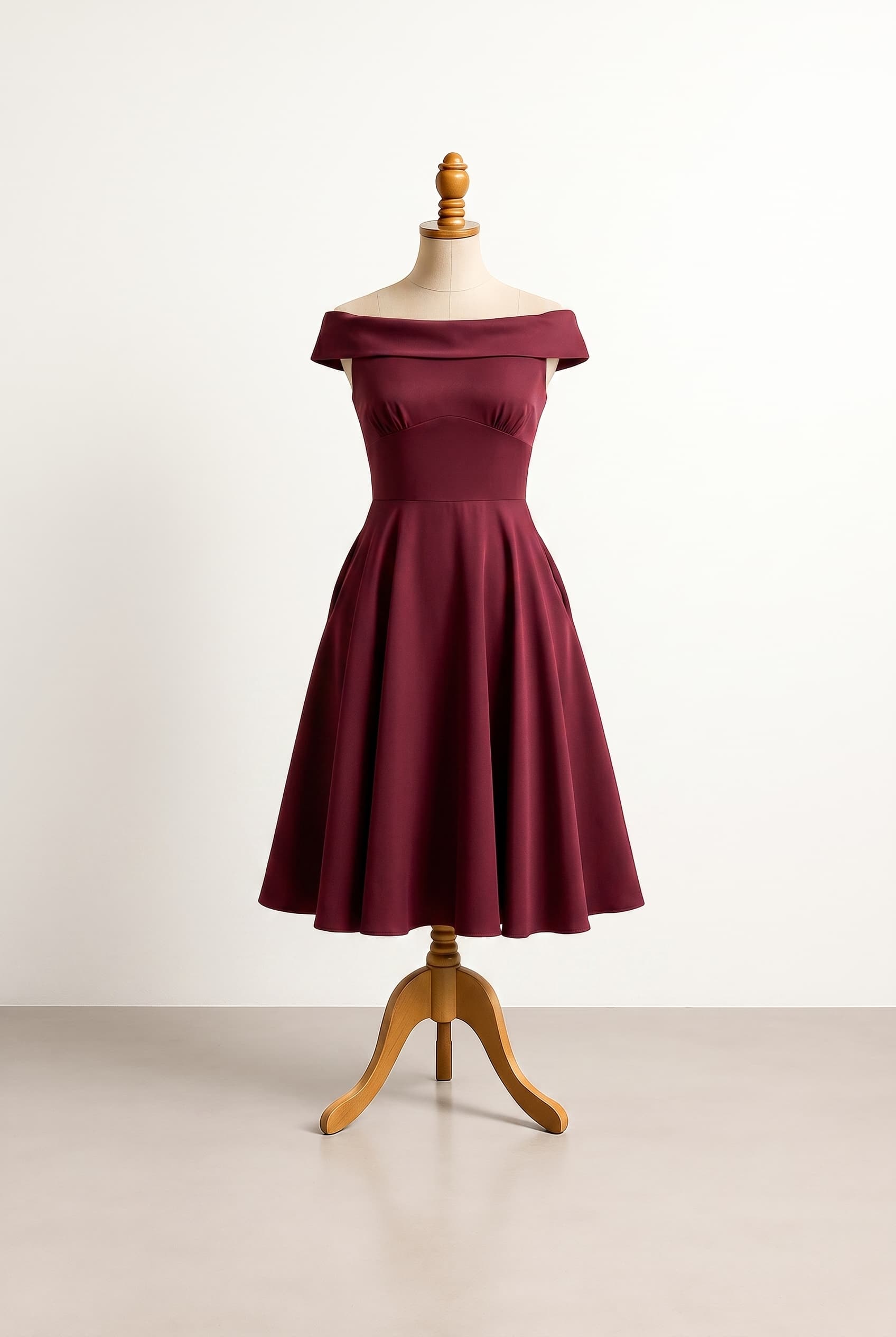 I want a balanced burgundy off-the-shoulder knee-length dress with pockets for Eid Al-Adha, high-waisted with pleats, crafted in high-twist crepe with a built-in bra