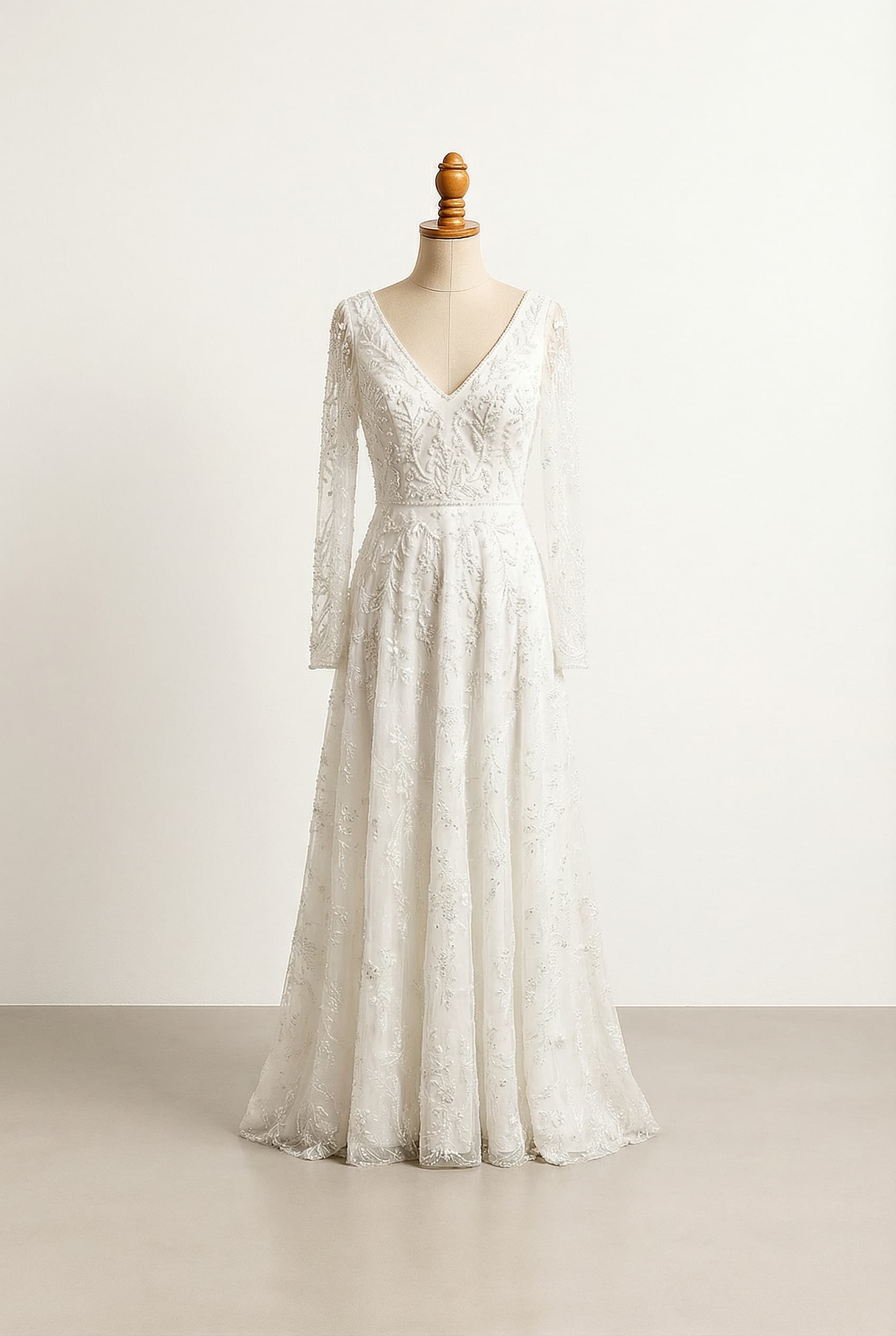 A romantic wedding dress with elegant lace details and beading