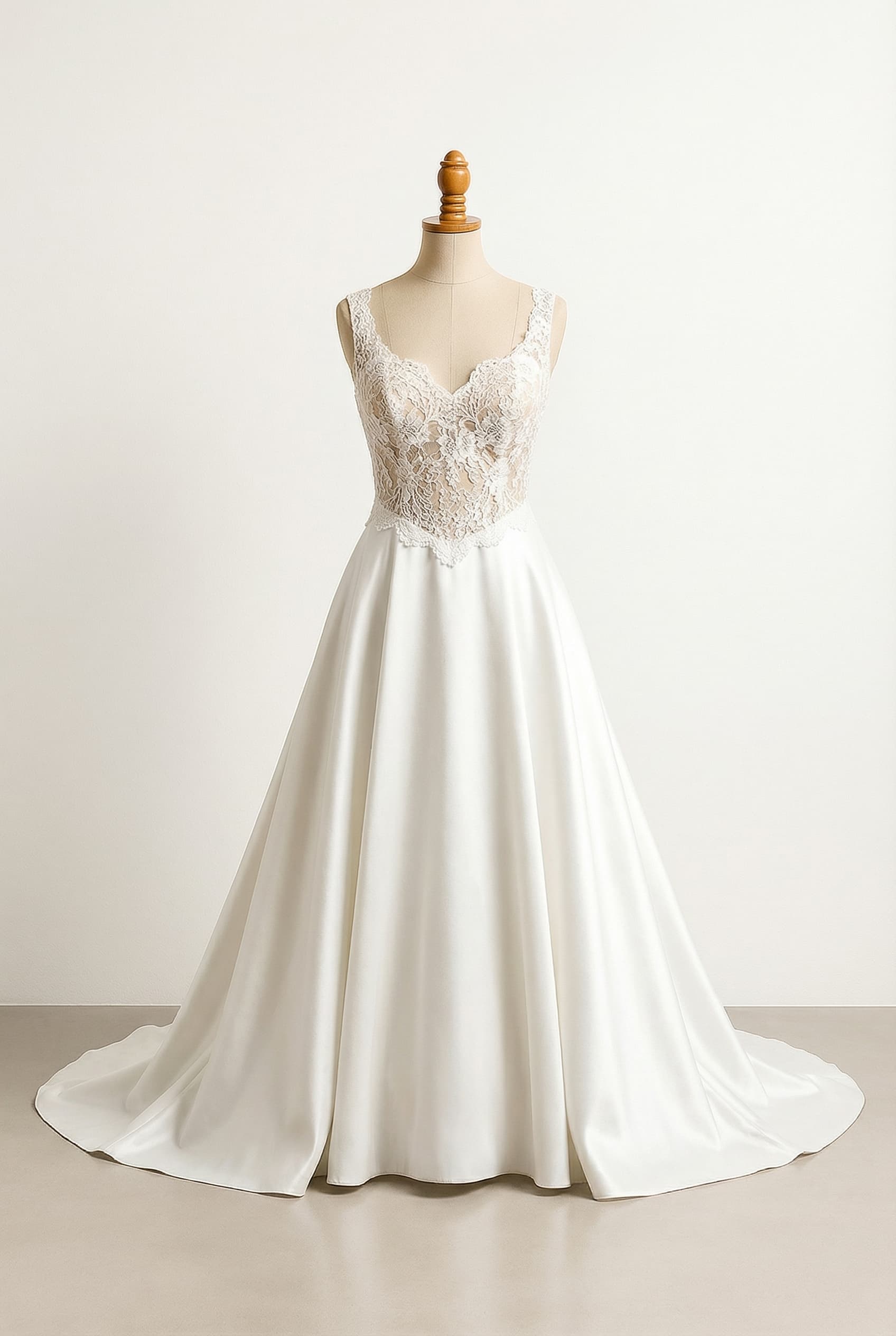 balanced custom dress white and champagne delicate lace bodice with scalloped edge V-shaped waistline satin skirt V-neckline A-line silhouette sweetheart neckline chapel length with a chapel train no straps