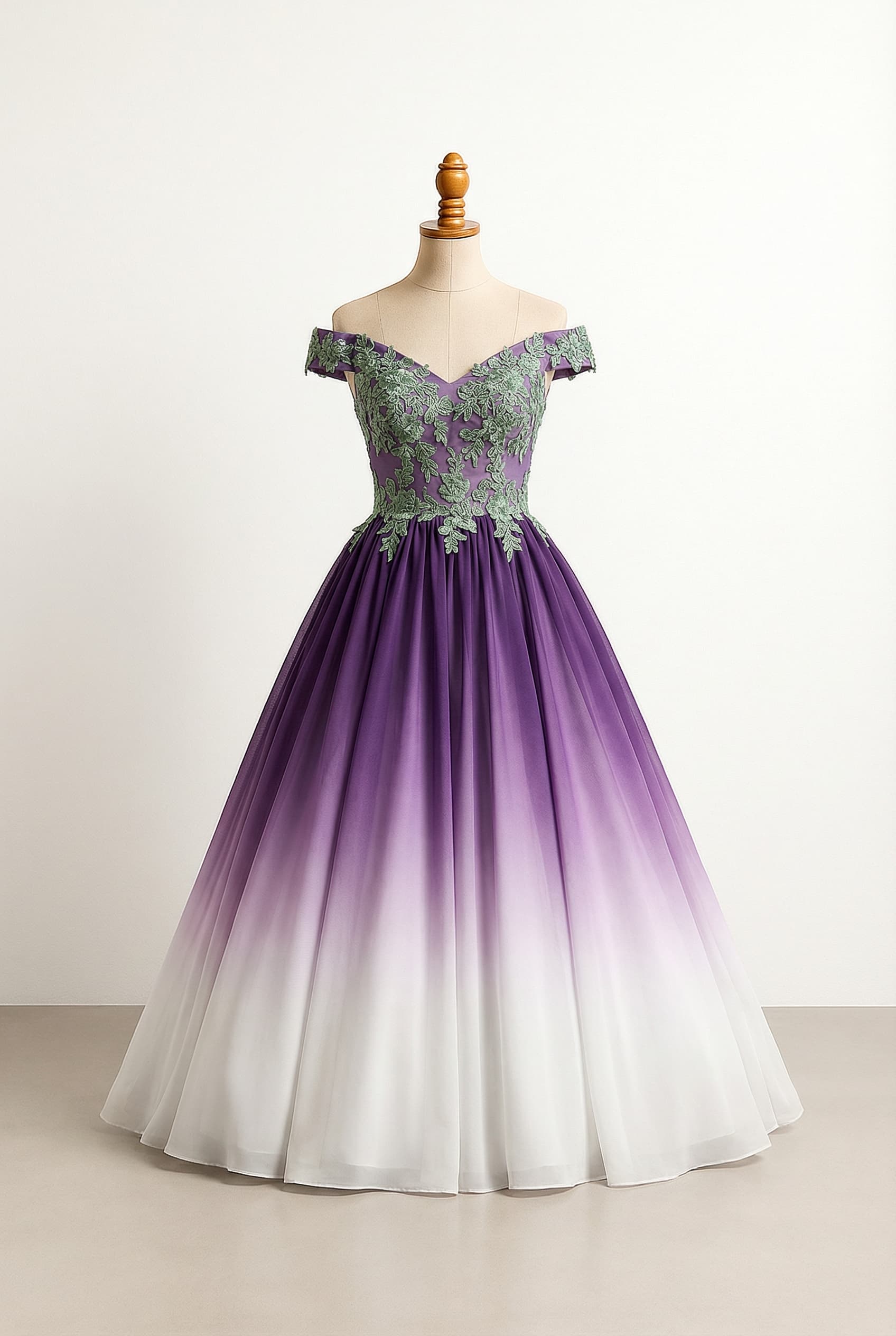 I want a balanced formal dress with a puffy bottom that flows out maybe a green or purple to white ombr with a tighter top with flowers and a v neckline; preset_type: Formal; modestyPreference: balanced; color: green or purple to white ombr; neckline: V; silhouette: Ball Gown / Princess; fabric: Lace; The top of the dress should be fitted, soft, and elegant.