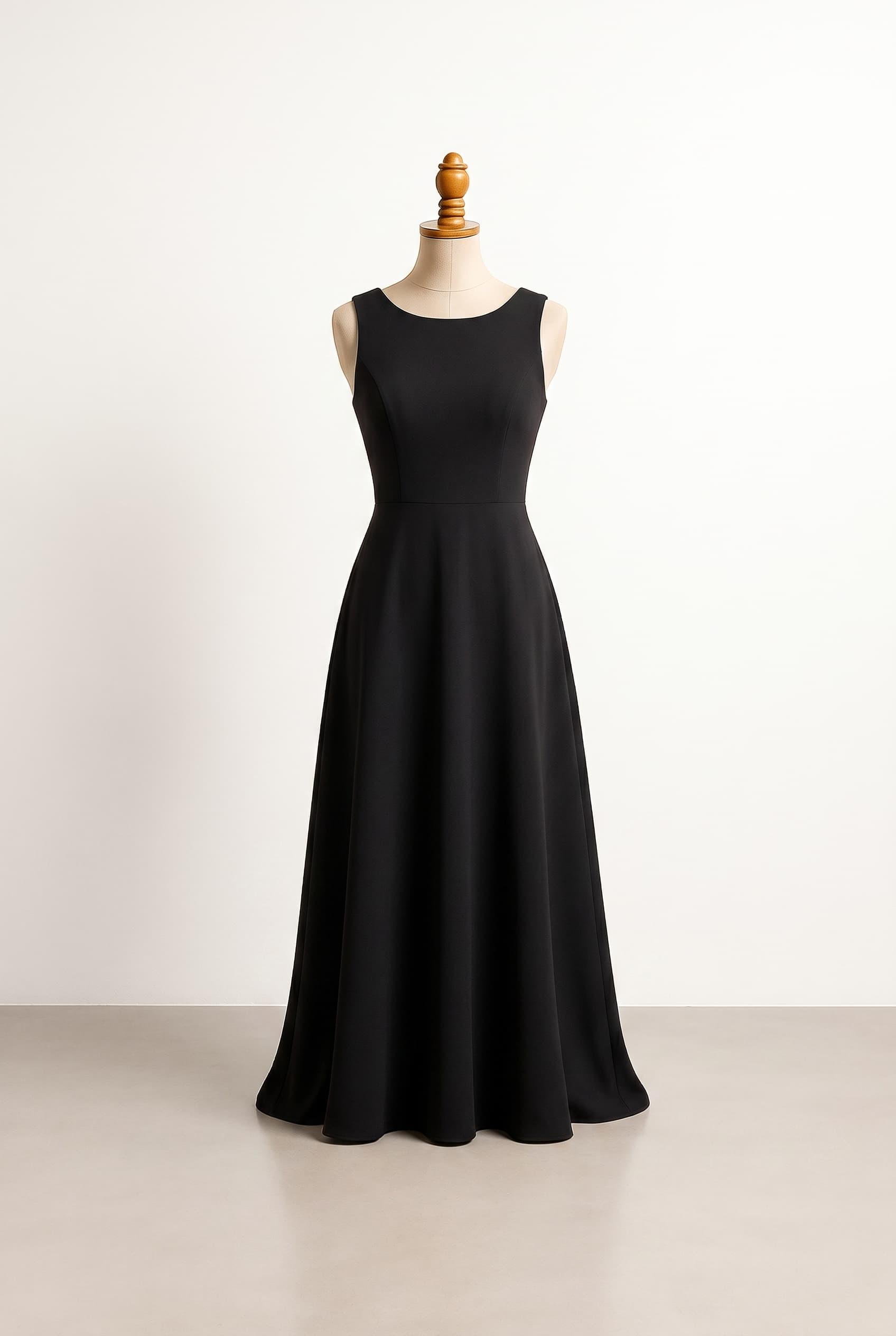 Modest black bridesmaid dress floor length sleeveless scoop neckline sheath silhouette straight fit