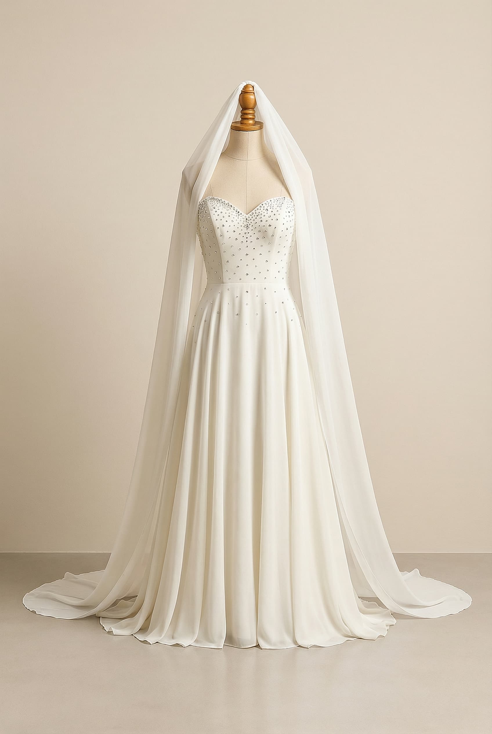 A romantic wedding dress with elegant details, featuring a strapless A-line silhouette, crystal embellishments, and a matching wide long veil.