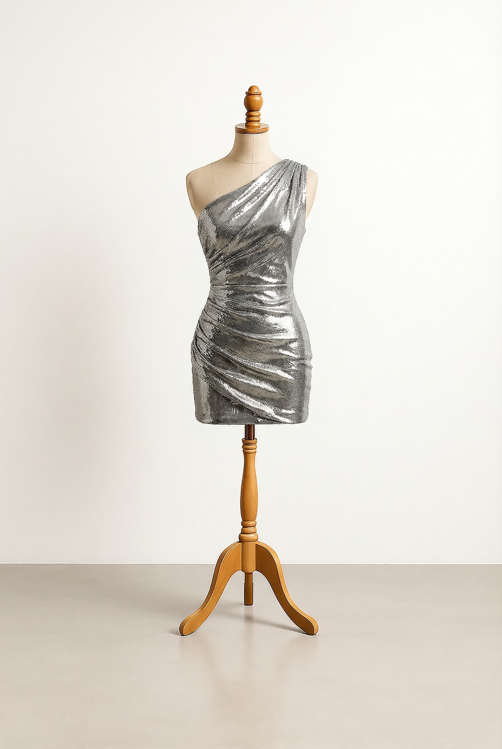 A super stylish short night-out dress inspired by Serena van der Woodsen (Gossip Girl aesthetic). The dress is tight-fitting bandage style, hugging the body and emphasizing curves. Color is metallic silver (argento) with a glossy, reflective finish. Design features unconventional, never-seen-before details including architectural bandage panels, unexpected geometric seams, asymmetric texture layering, subtle 3D elements integrated into the fabric, and futuristic couture craftsmanship. It's a modern, bold, ultra-unique, high-fashion look with a short hemline, above mid-thigh. Elegant yet sexy, glamorous nightlife vibe. Worn by a confident fashion-forward woman. Luxury couture style, editorial fashion look.