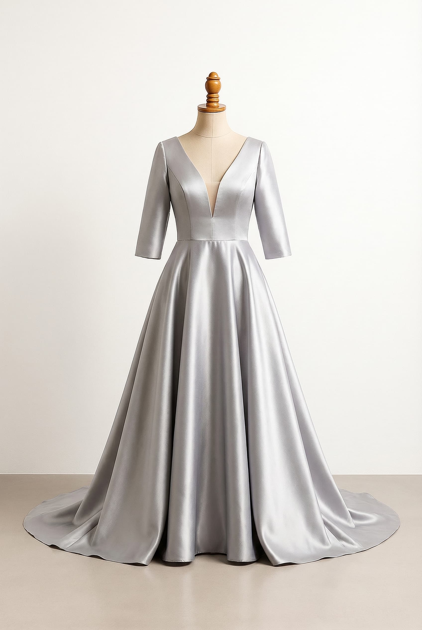 Elegant fifties fitted top over full skirt with a plunging neckline and a Cathedral - Long train 2-3 feet, Three–Quarter sleeves