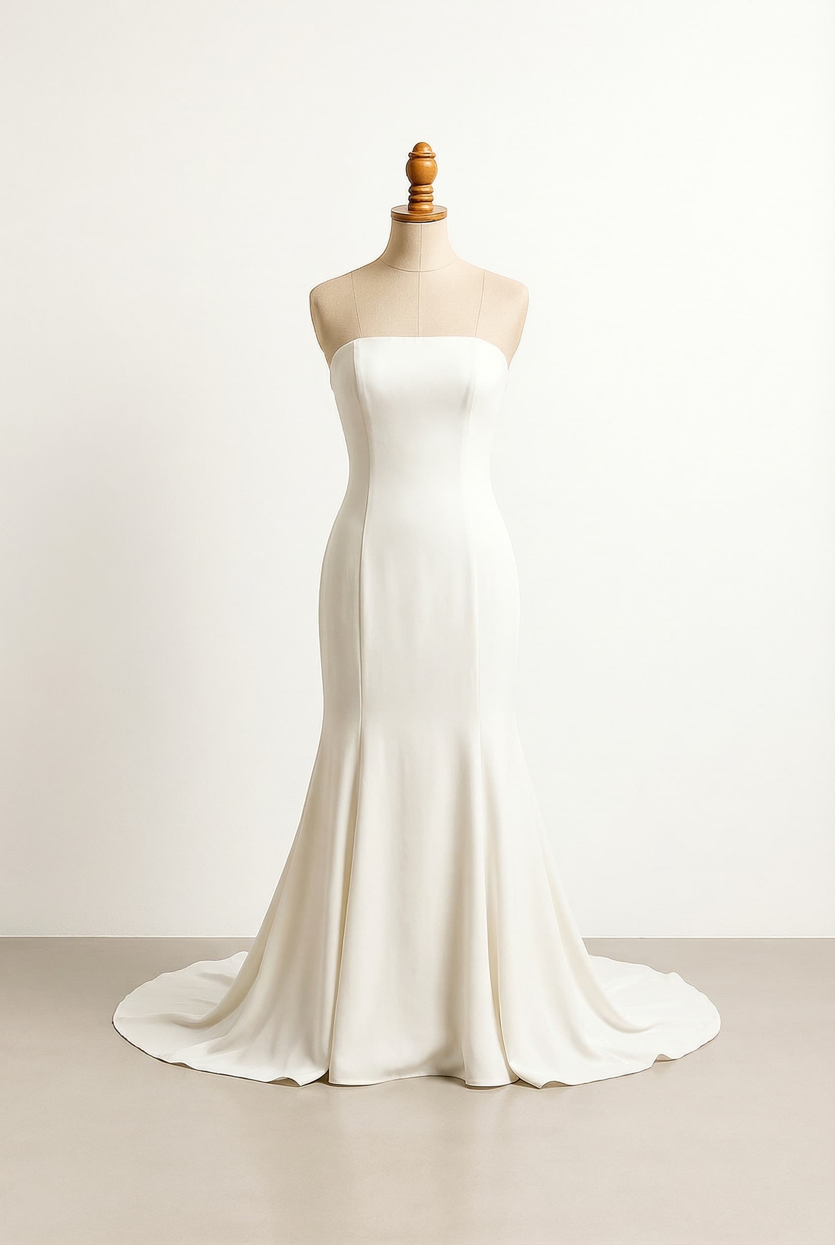 A wedding dress that is a straight strapless trumpet silhouette with no lace or beading fitted around the hips with Crepe fabric in Ivory and a Cathedral length with light boning on the side of the skirt
