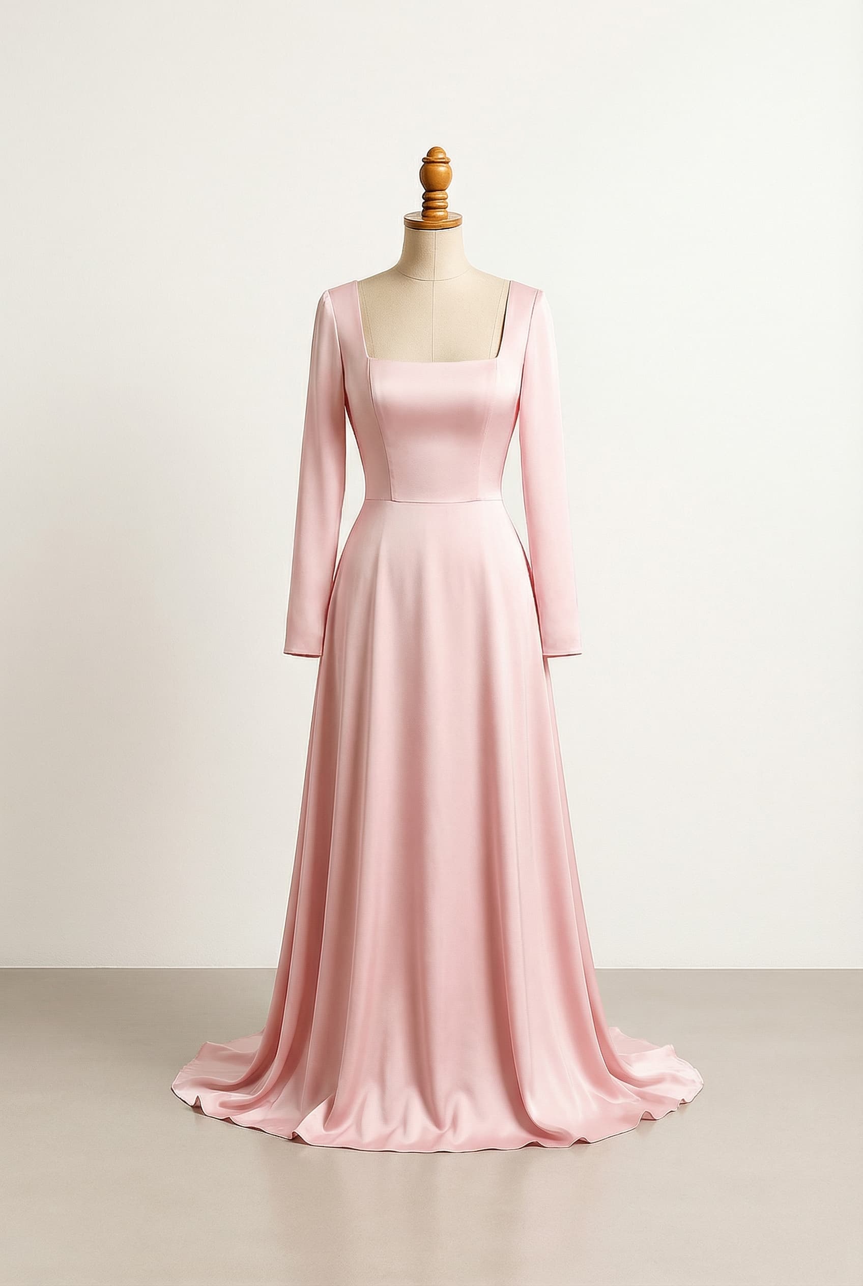 a silk baby pink dress with long sleeves, a square neckline, a snatched waist line, and the skirt pooling around the feet