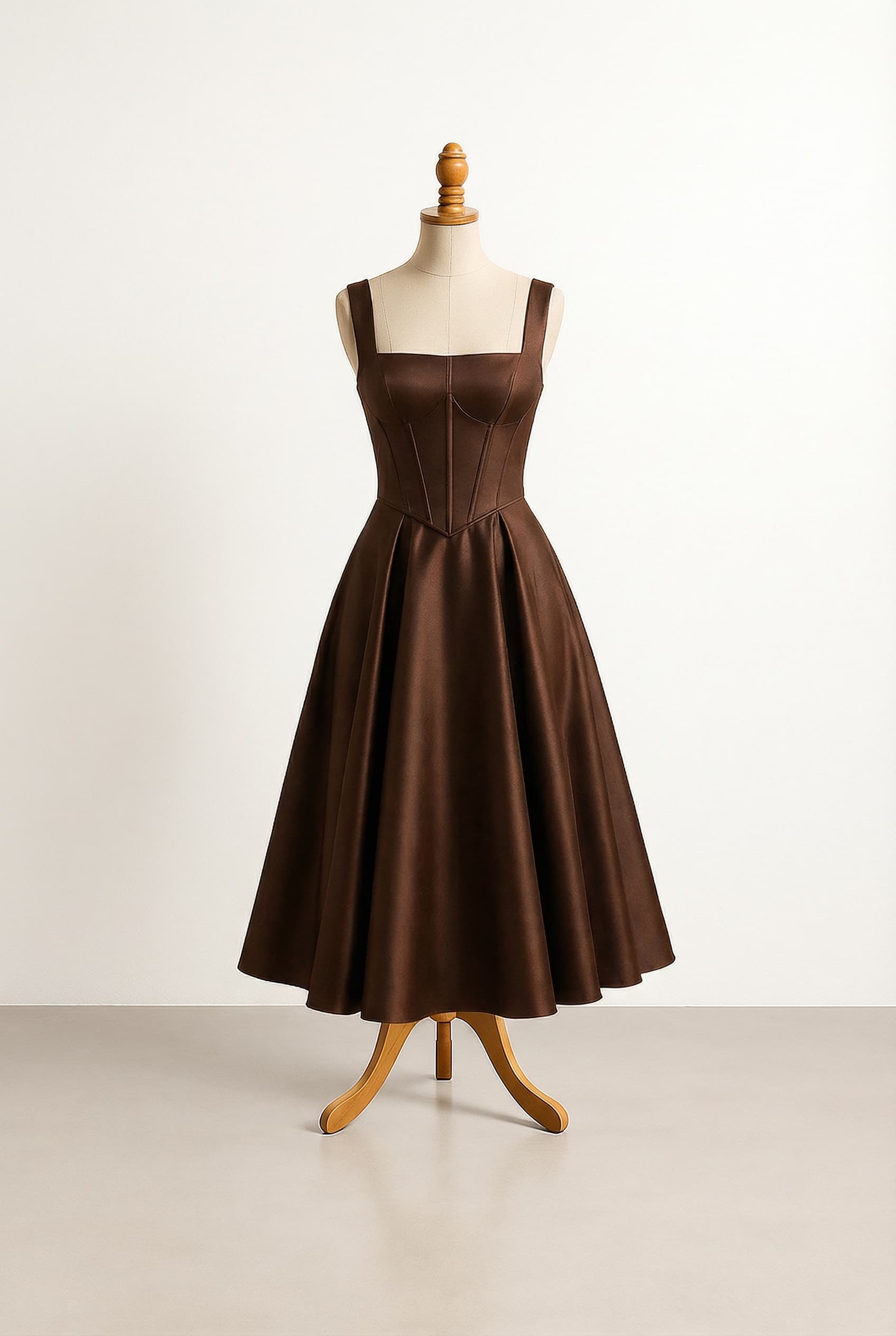 Tea length a-line dress with a square neckline and thick straps in espresso brown or burgundy satin or chiffon